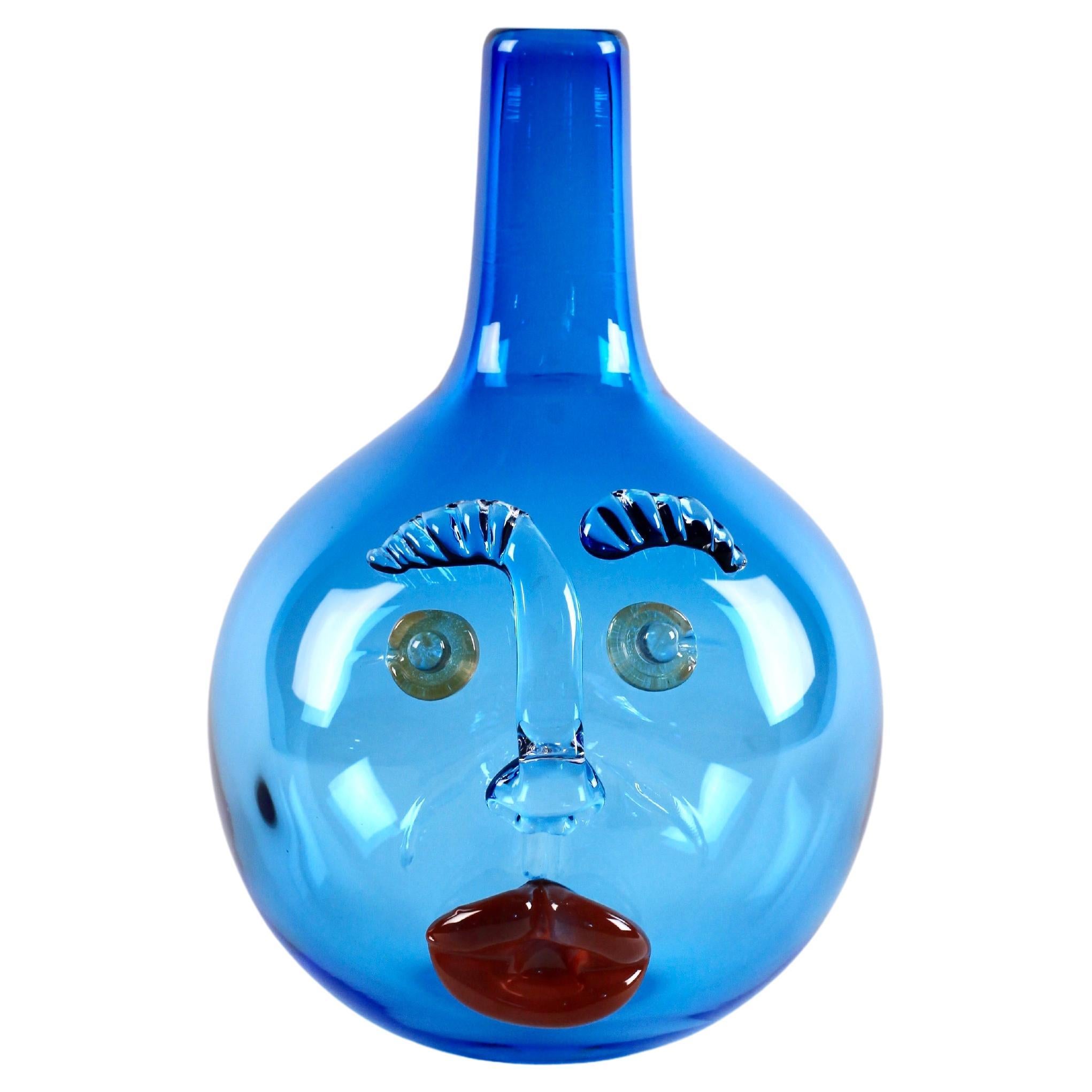 Elizabeth Lyons Hand Blown and Sculpted Glass, Sky Blue Bottle-Head Vessel For Sale