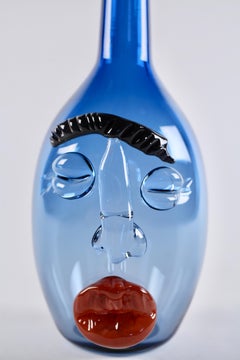 Elizabeth Lyons Hand Blown and Sculpted Glass, Steel Blue Bottle-Head Vessel