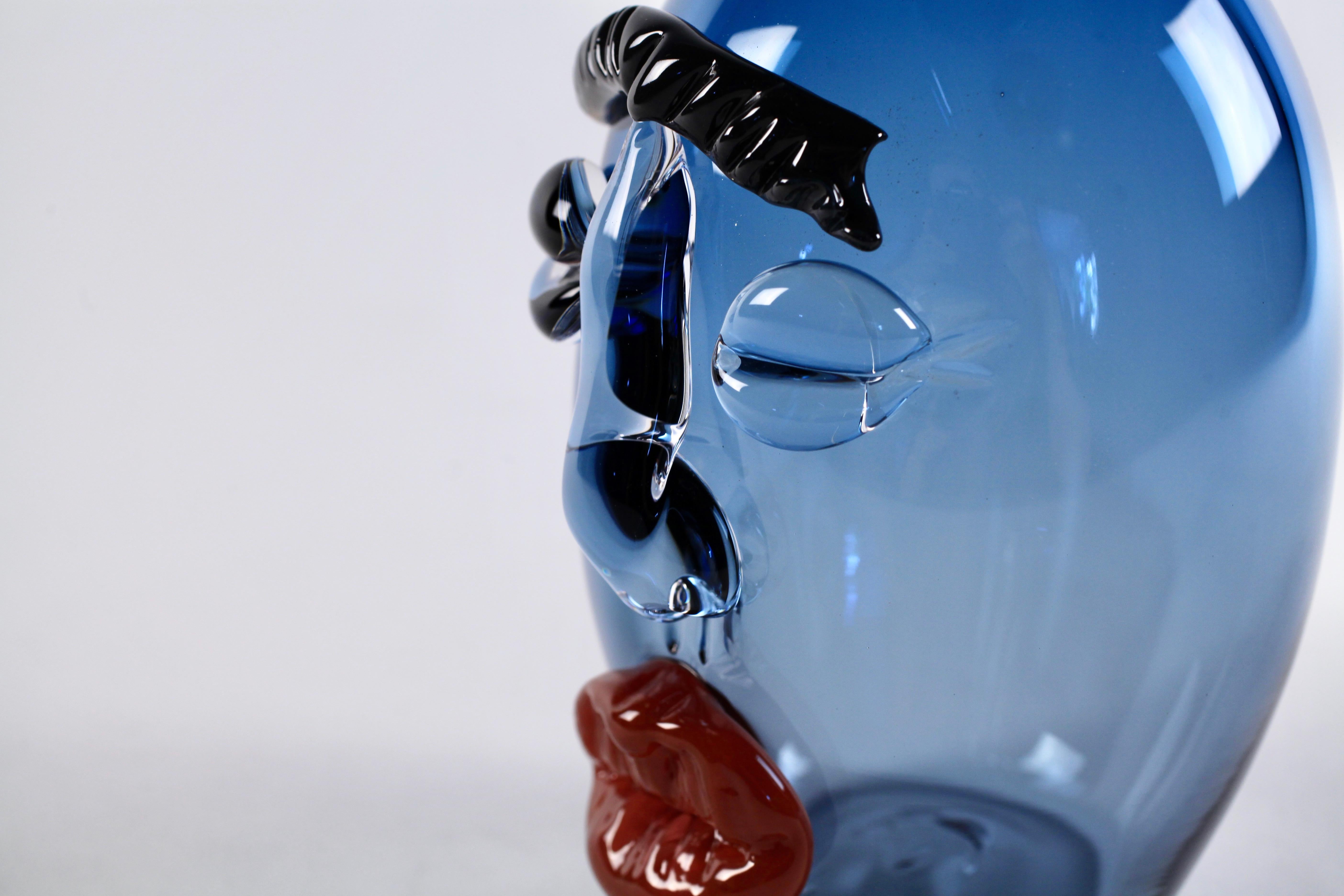 Modern Elizabeth Lyons Hand Blown and Sculpted Glass, Steel Blue Bottle-Head Vessel For Sale