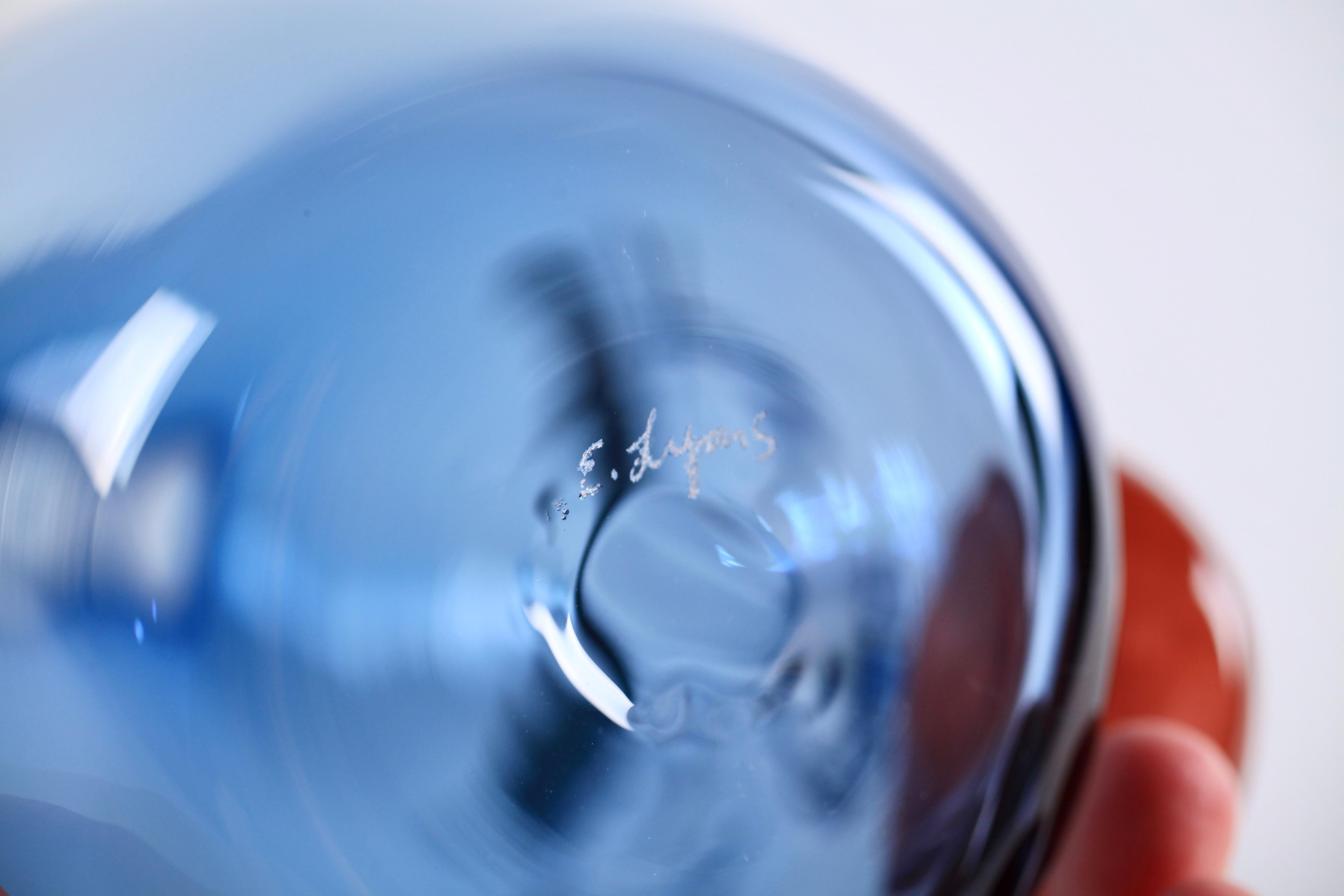 Hand-Crafted Elizabeth Lyons Hand Blown and Sculpted Glass, Steel Blue Bottle-Head Vessel For Sale