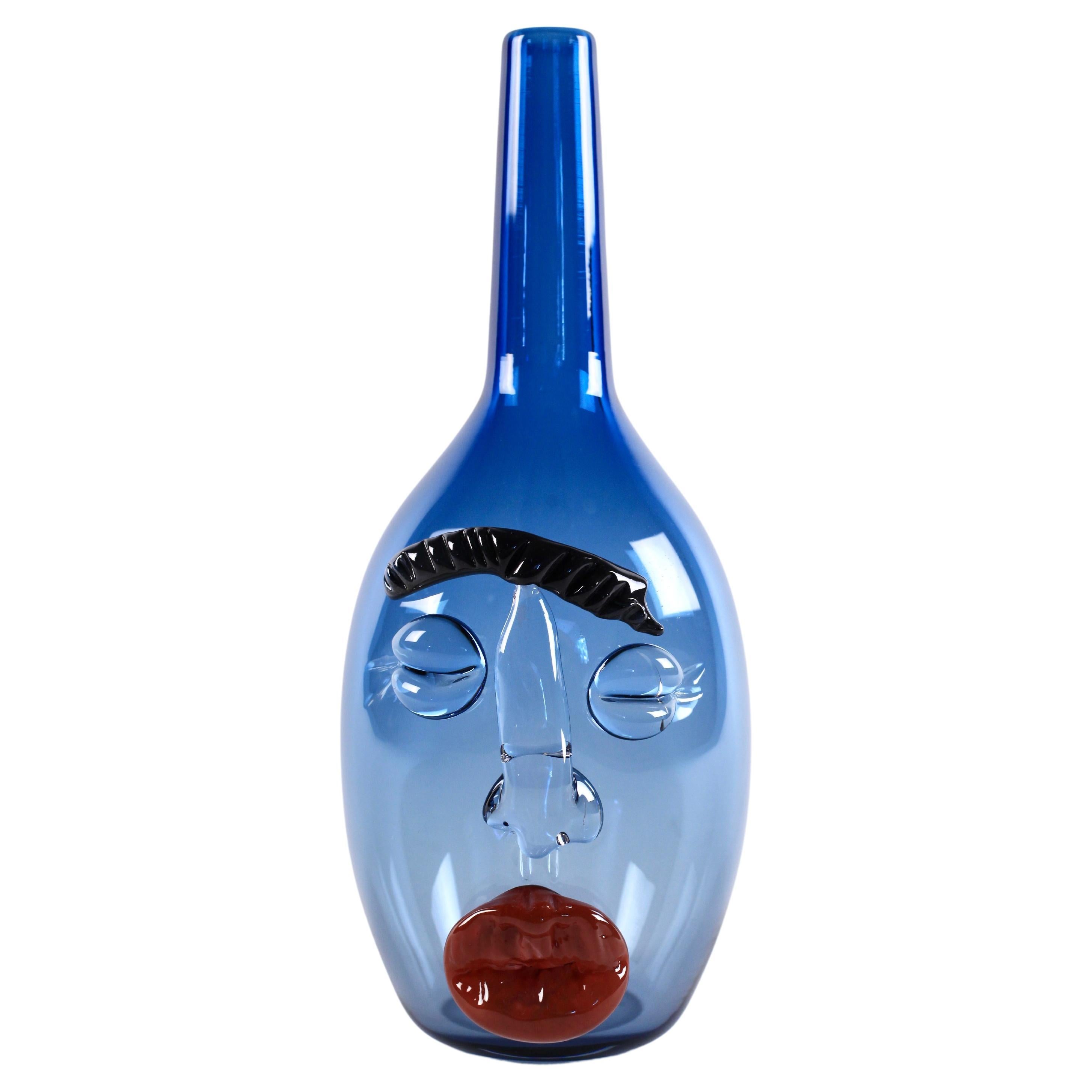 Elizabeth Lyons Hand Blown and Sculpted Glass, Steel Blue Bottle-Head Vessel For Sale