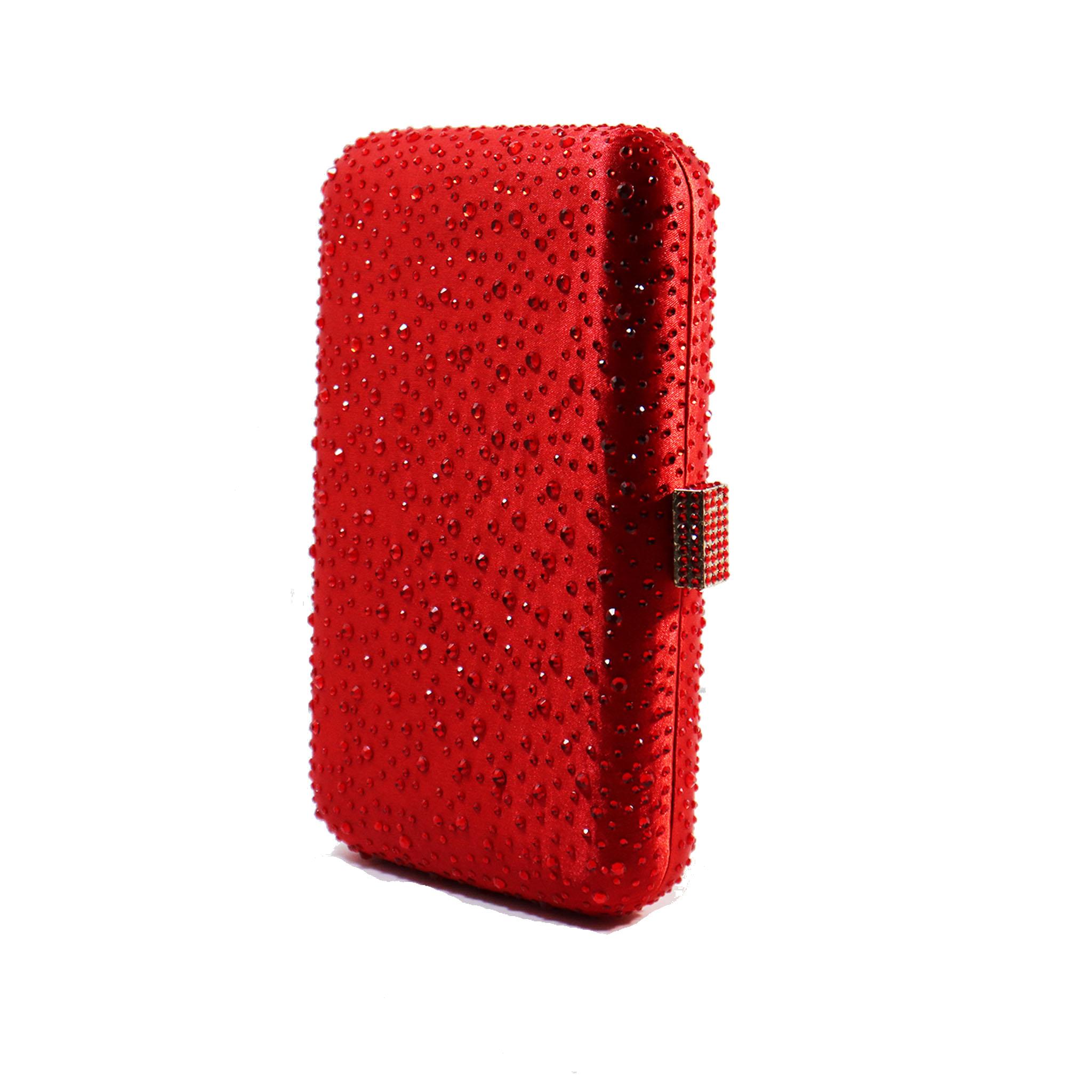 'Small' Red Pave Rhinestone Evening Clutch with Crossbody Shoulder Chain 

Measurements: 
Length: 8 in.
Width:  2 in.
Height: 5 in. 