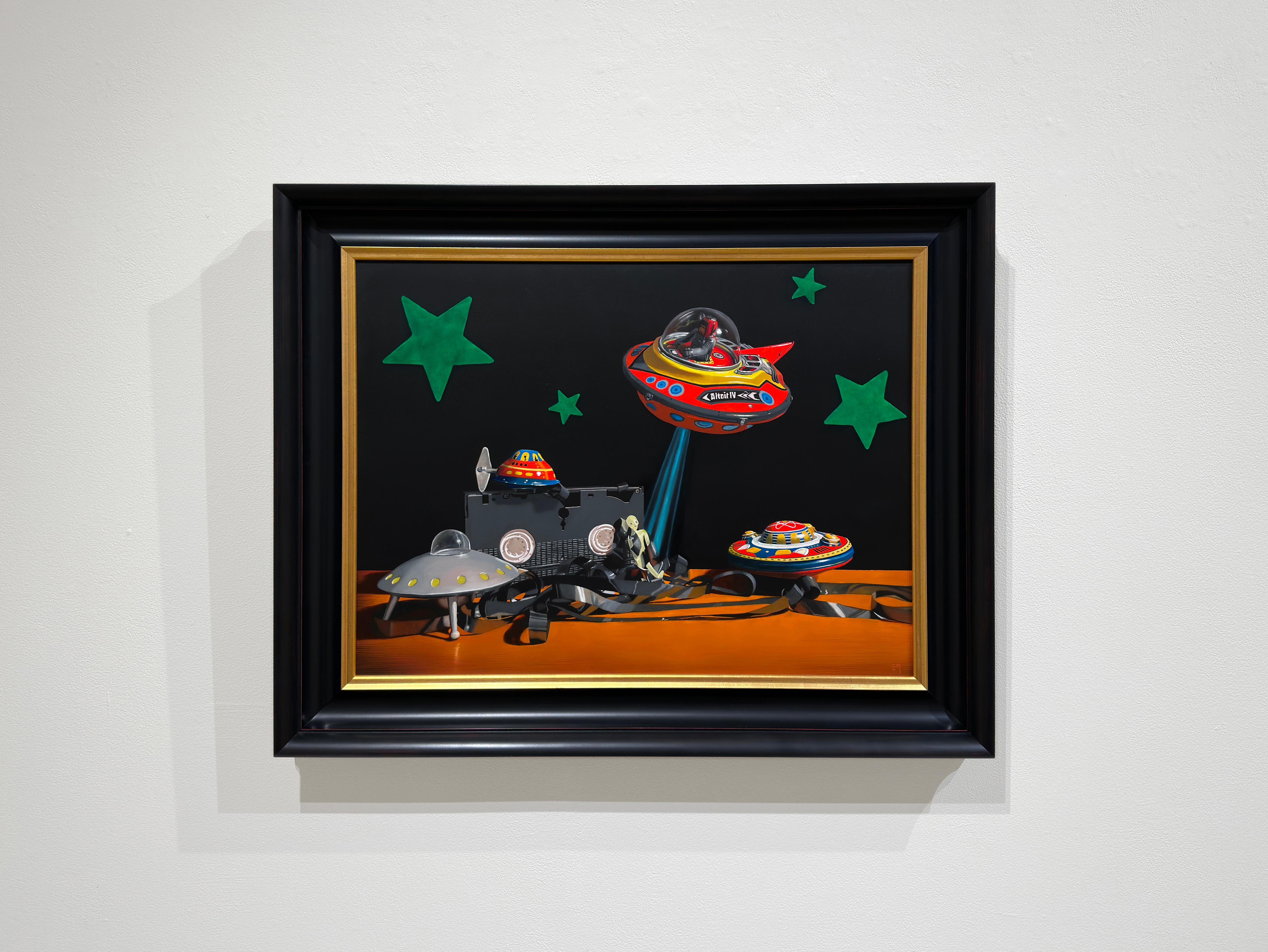 CAUGHT ON TAPE - Contemporary Realism / Still Life with Classic Toys / Humor - Painting by Elizabeth McGhee