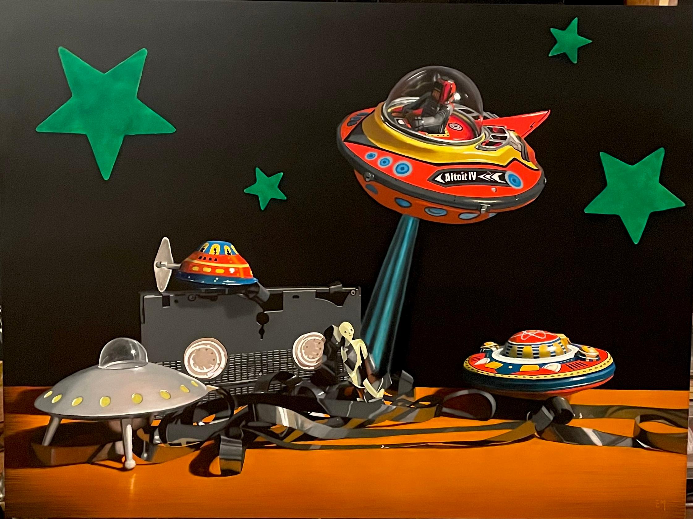 Elizabeth McGhee Still-Life Painting - CAUGHT ON TAPE - Contemporary Realism / Still Life with Classic Toys / Humor
