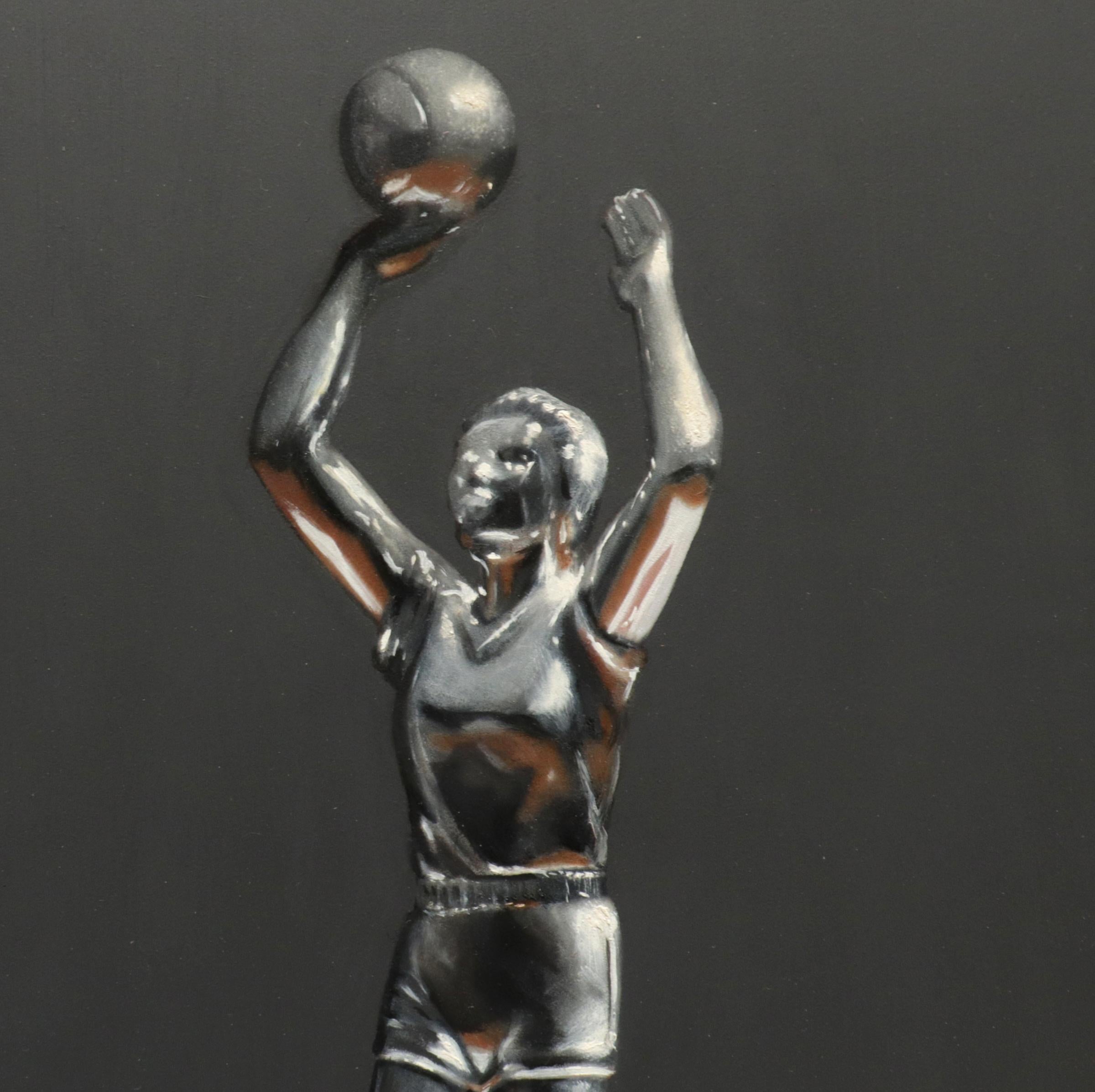 Dunkin', Contemporary Still Life, Oil Painting, Basketball, Doughnut, Trophy - Black Still-Life Painting by Elizabeth McGhee