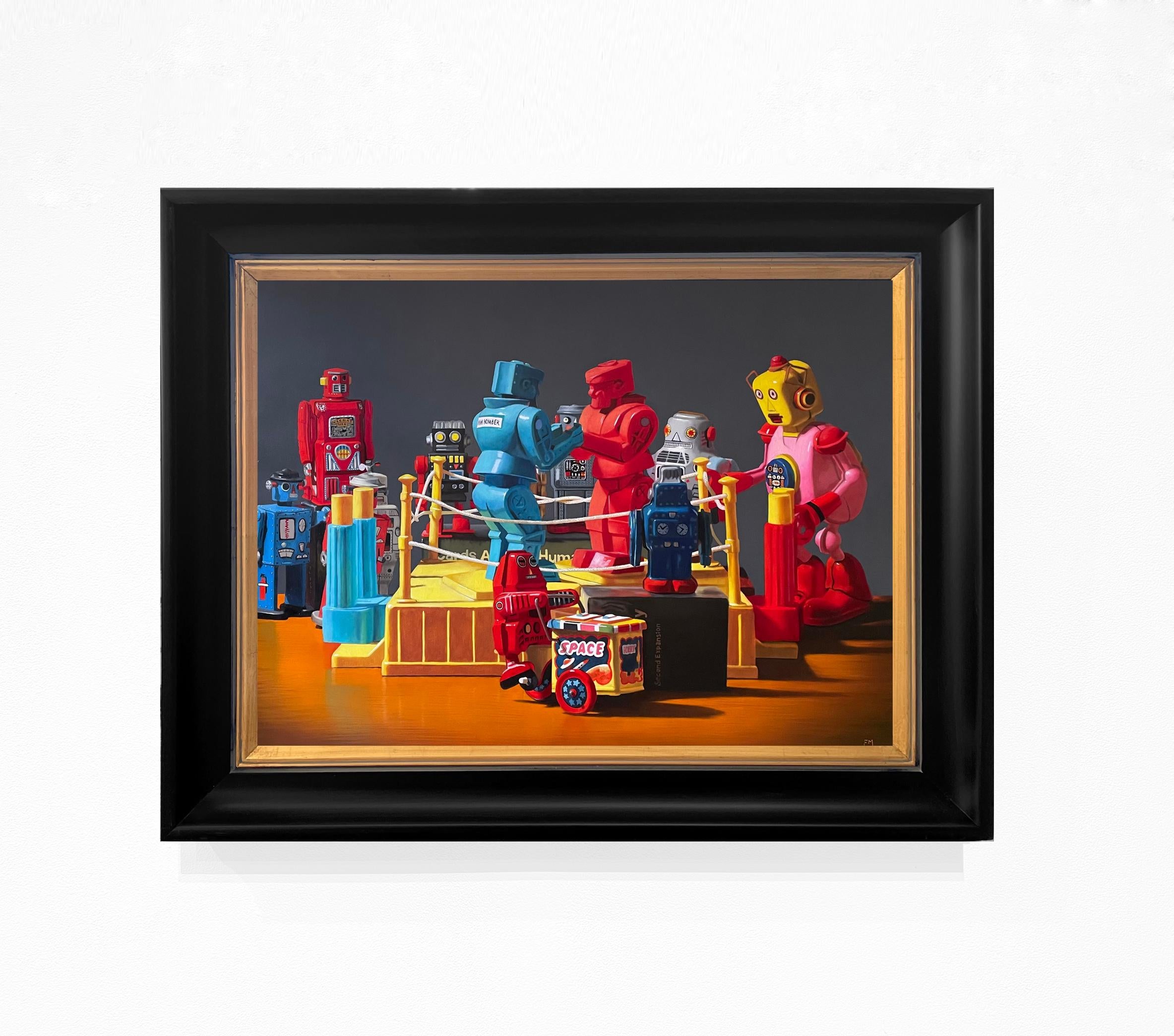 ÉMULATION, photoréalisme, nature morte, couleurs vives, bague de boxe, jouets robot - Painting de Elizabeth McGhee