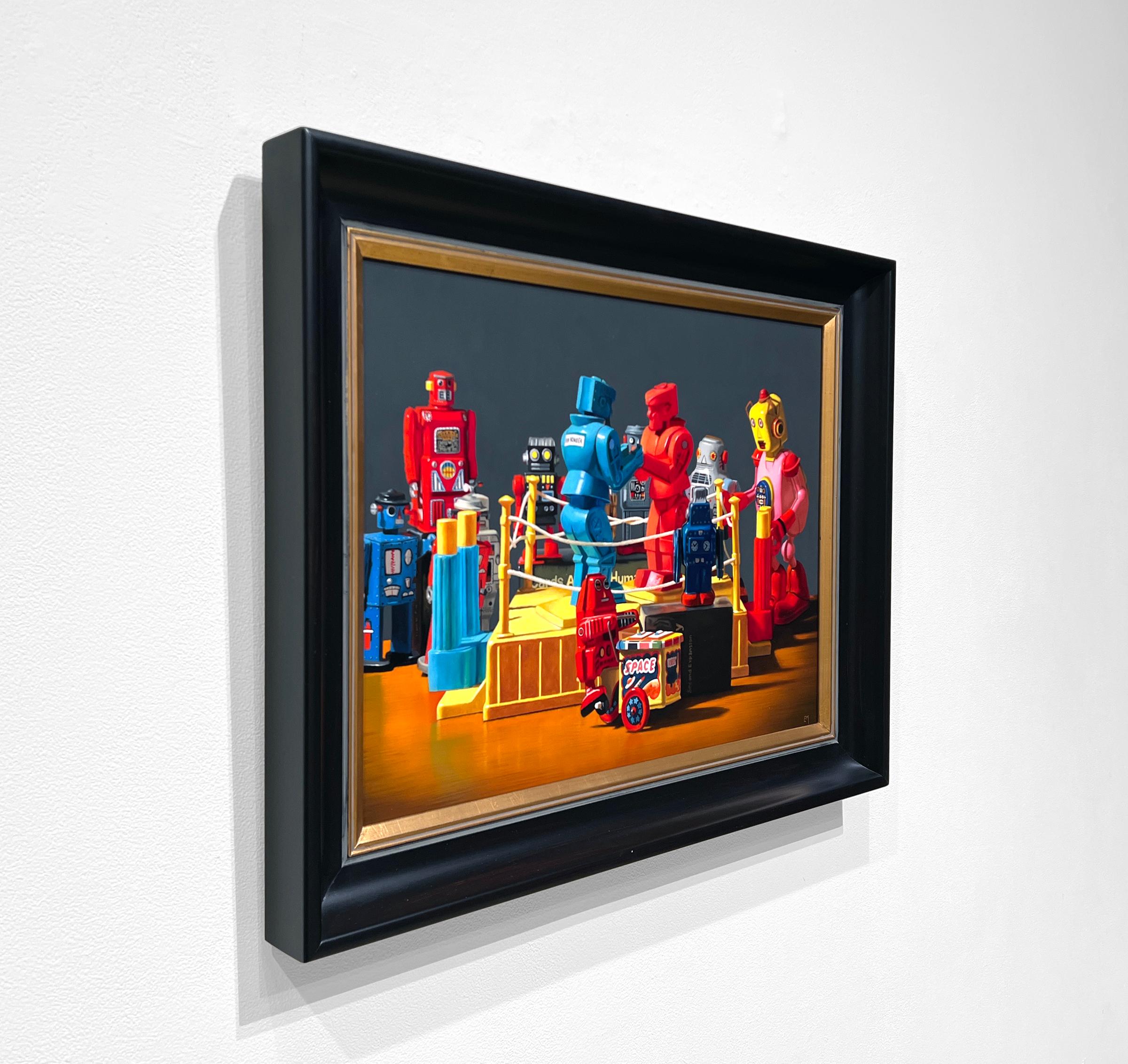 ÉMULATION, photoréalisme, nature morte, couleurs vives, bague de boxe, jouets robot - Contemporain Painting par Elizabeth McGhee