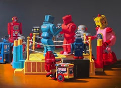 ÉMULATION, photoréalisme, nature morte, couleurs vives, bague de boxe, jouets robot