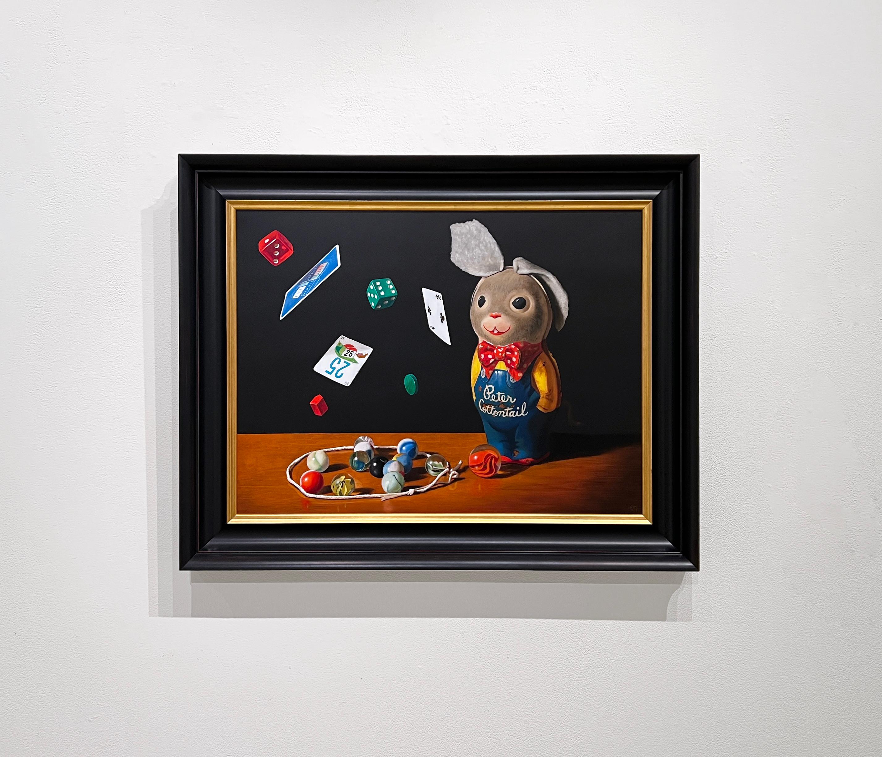 PLAY, BOY BUNNY - Contemporary Realism / Humorous Still Life  - Painting by Elizabeth McGhee