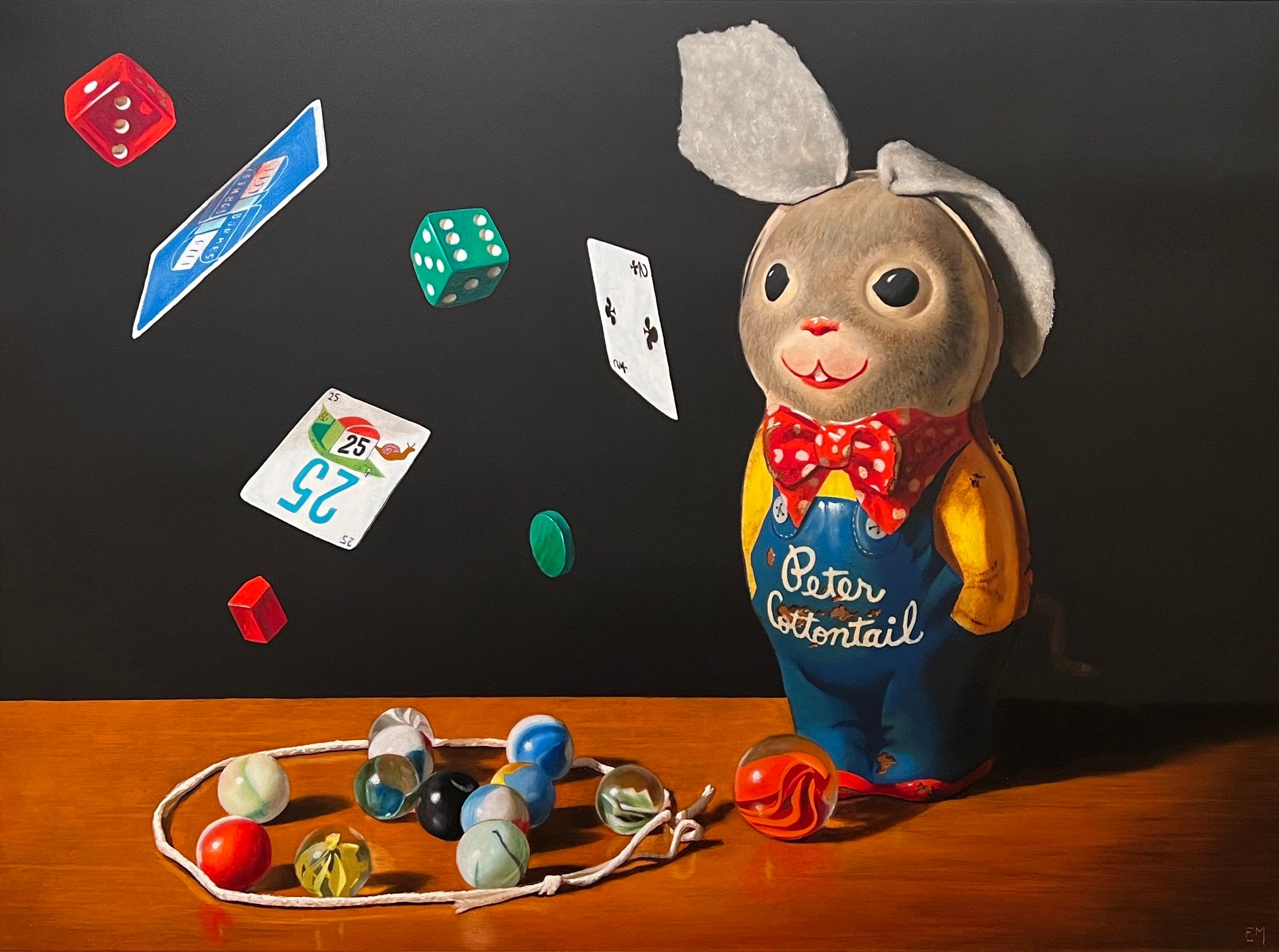 Elizabeth McGhee Still-Life Painting - PLAY, BOY BUNNY - Contemporary Realism / Humorous Still Life 