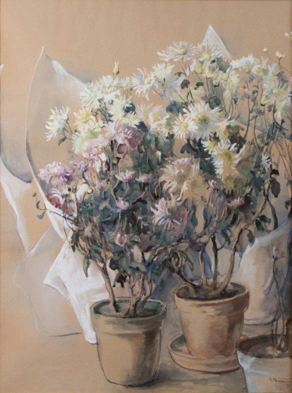 White and Pink Asters - Painting by Elizabeth Nourse