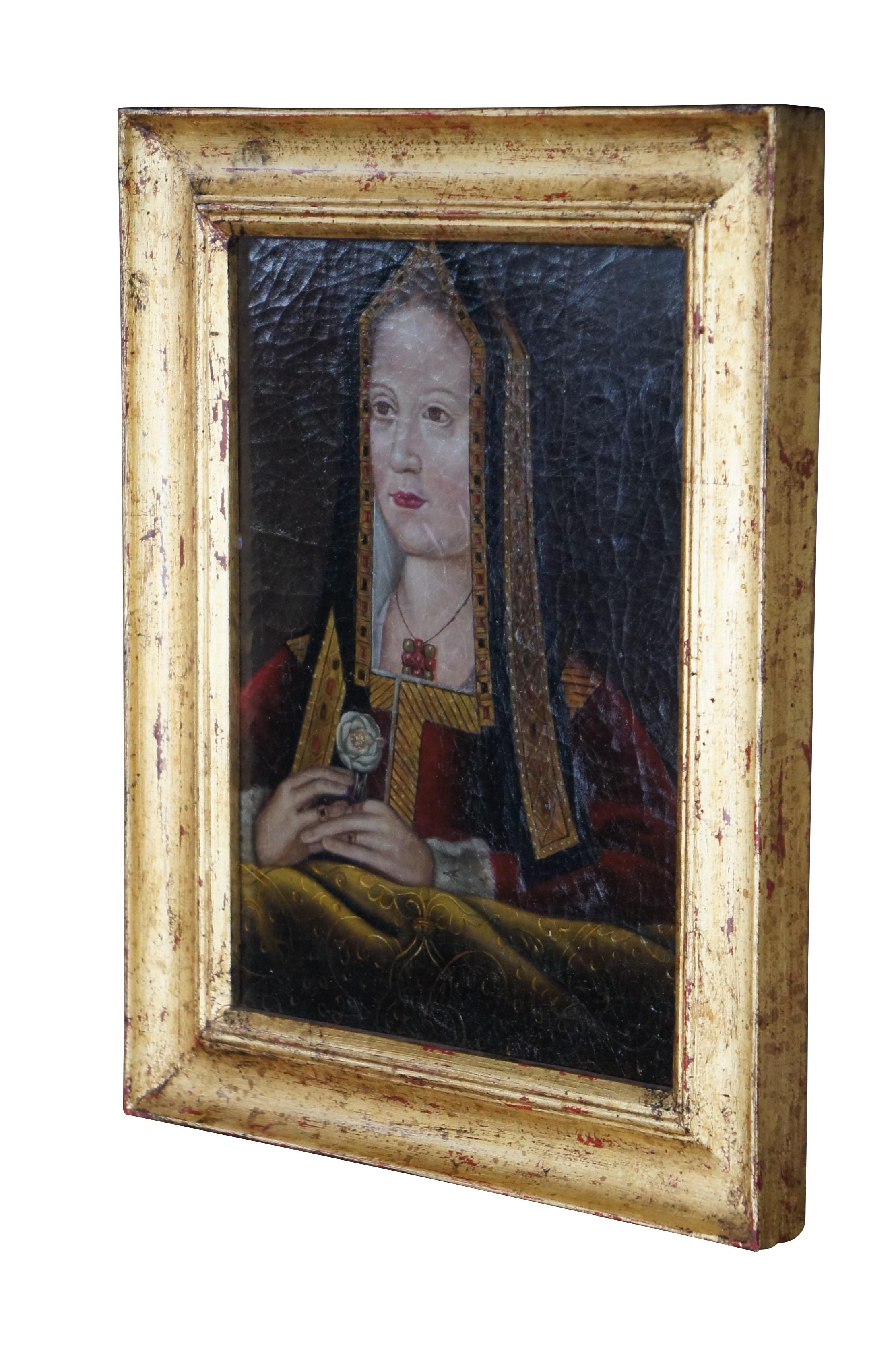 An oil painting of Elizabeth of York, Queen of England by Trevor James Company.  The original painting is from the late 17th century and in a private collection in London.  The original portrait is in a private collection in London and was painted
