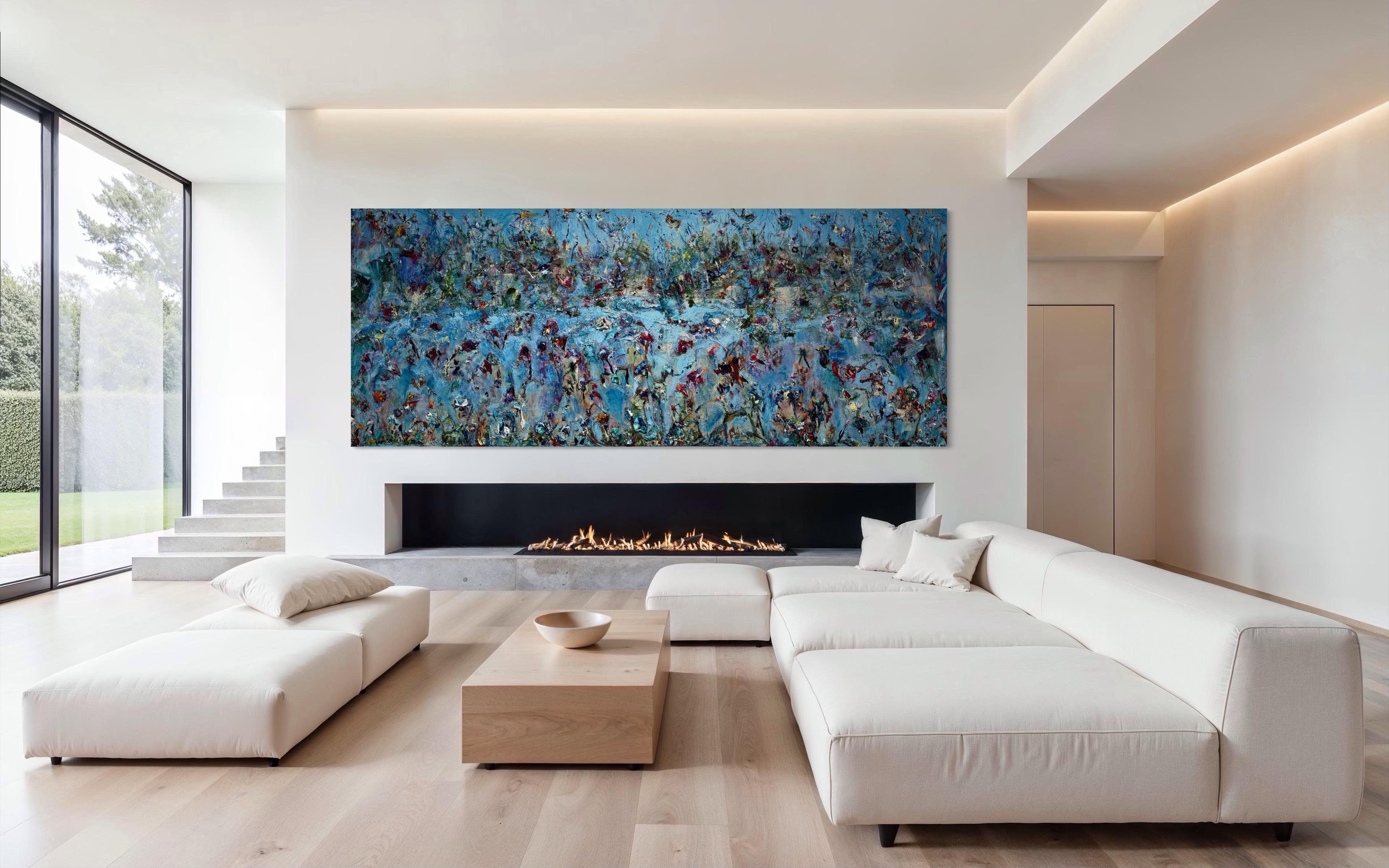 This monumental 150-inch canvas by Lisa Beth  Older is a commanding example of contemporary abstract art, defined by bold color, texture, and movement. Executed with heavy impasto technique, the surface comes alive with sculptural paint applications