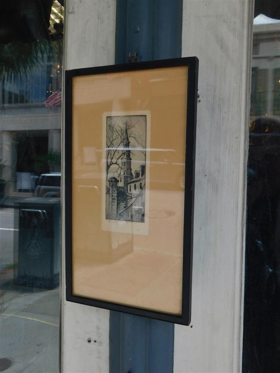 Art Nouveau Elizabeth O'Neil Verner Framed Etching St. Phillips Steeple, Charleston, SC 1925 For Sale