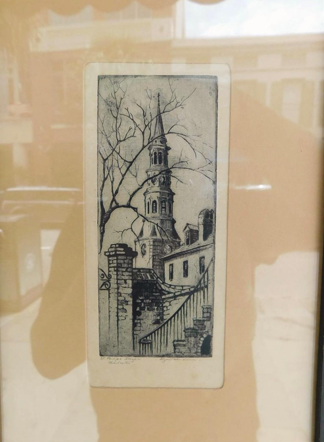 American Elizabeth O'Neil Verner Framed Etching St. Phillips Steeple, Charleston, SC 1925 For Sale
