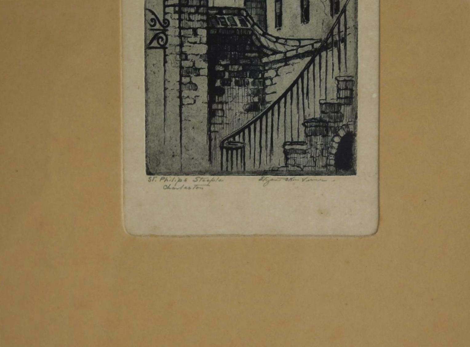 Elizabeth O'Neil Verner Gerahmte Radierung St. Phillips Steeple, Charleston, SC 1925 (Handgeschnitzt) im Angebot