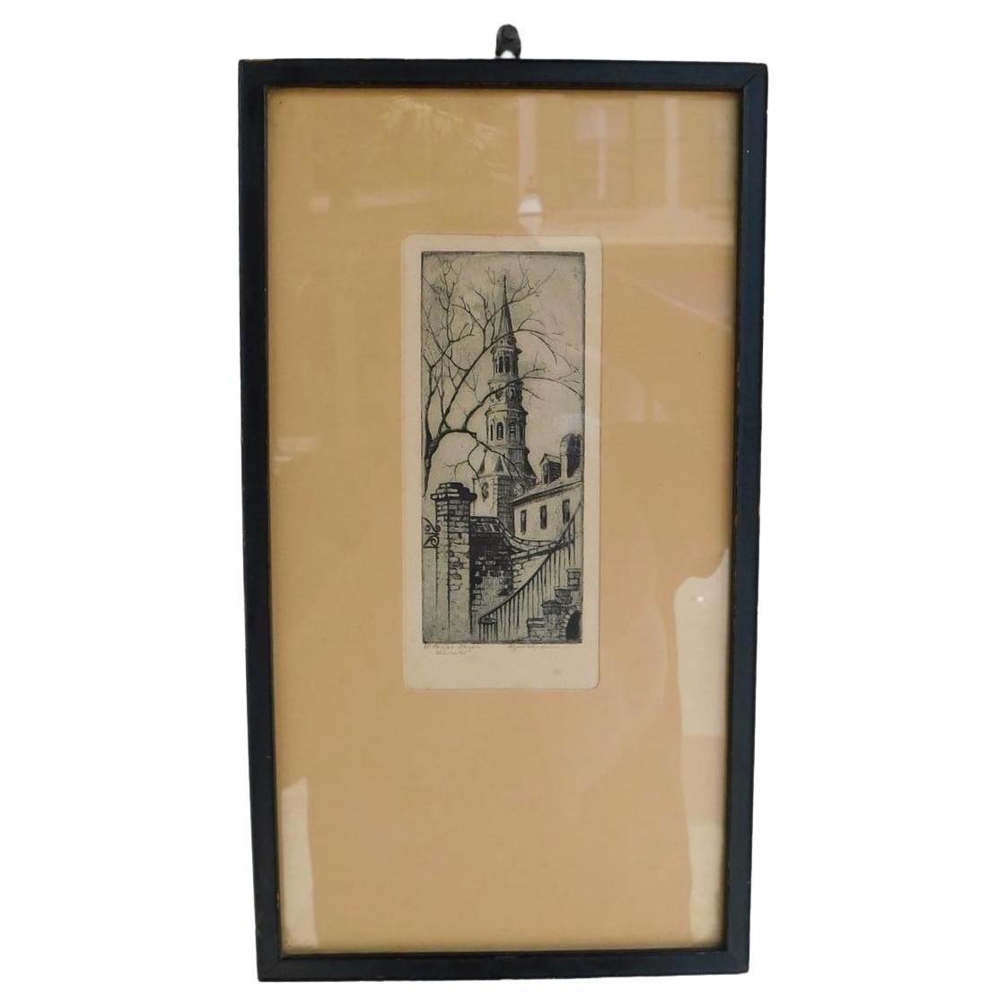 Elizabeth O'Neil Verner Framed Etching St. Phillips Steeple, Charleston, SC 1925 For Sale
