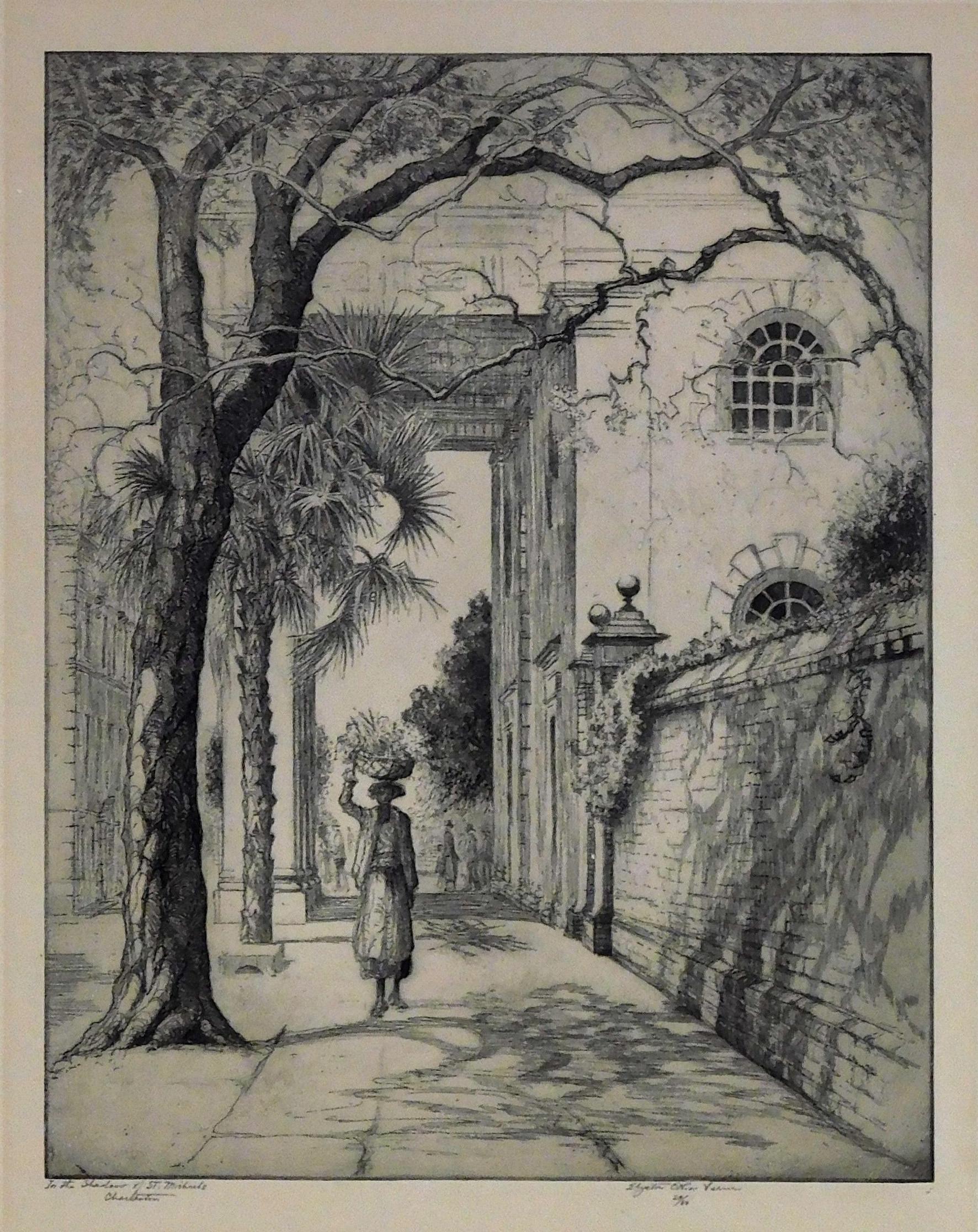 Original etching by well-known Charleston, SC artist Elizabeth O’Neill Verner.
Title: “In the Shadow of St. Michael’s - Charleston” 
Measures: 9 7/8 x 7 3/4 image size. 17 7/8 x 13 7/8 mat size.
Created circa 1928. The print is no. 28 of the