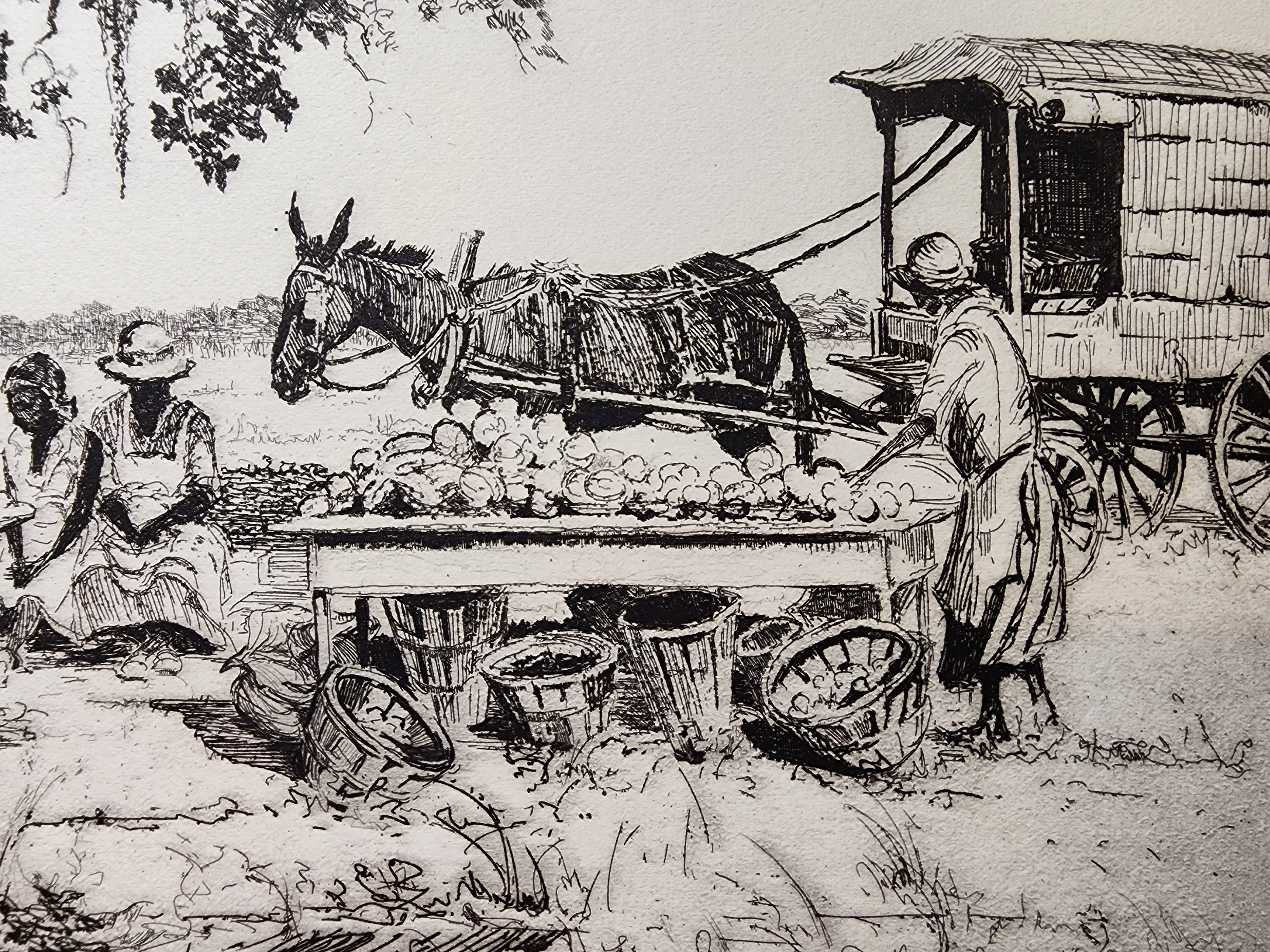 An excellent impression of one of the rarest and most desireable Verner images- Road to Folly (Beach) showing the basket people selling roadside fruits and vegetables.

The image is well inked and has a strong platemark.  There is a repaired