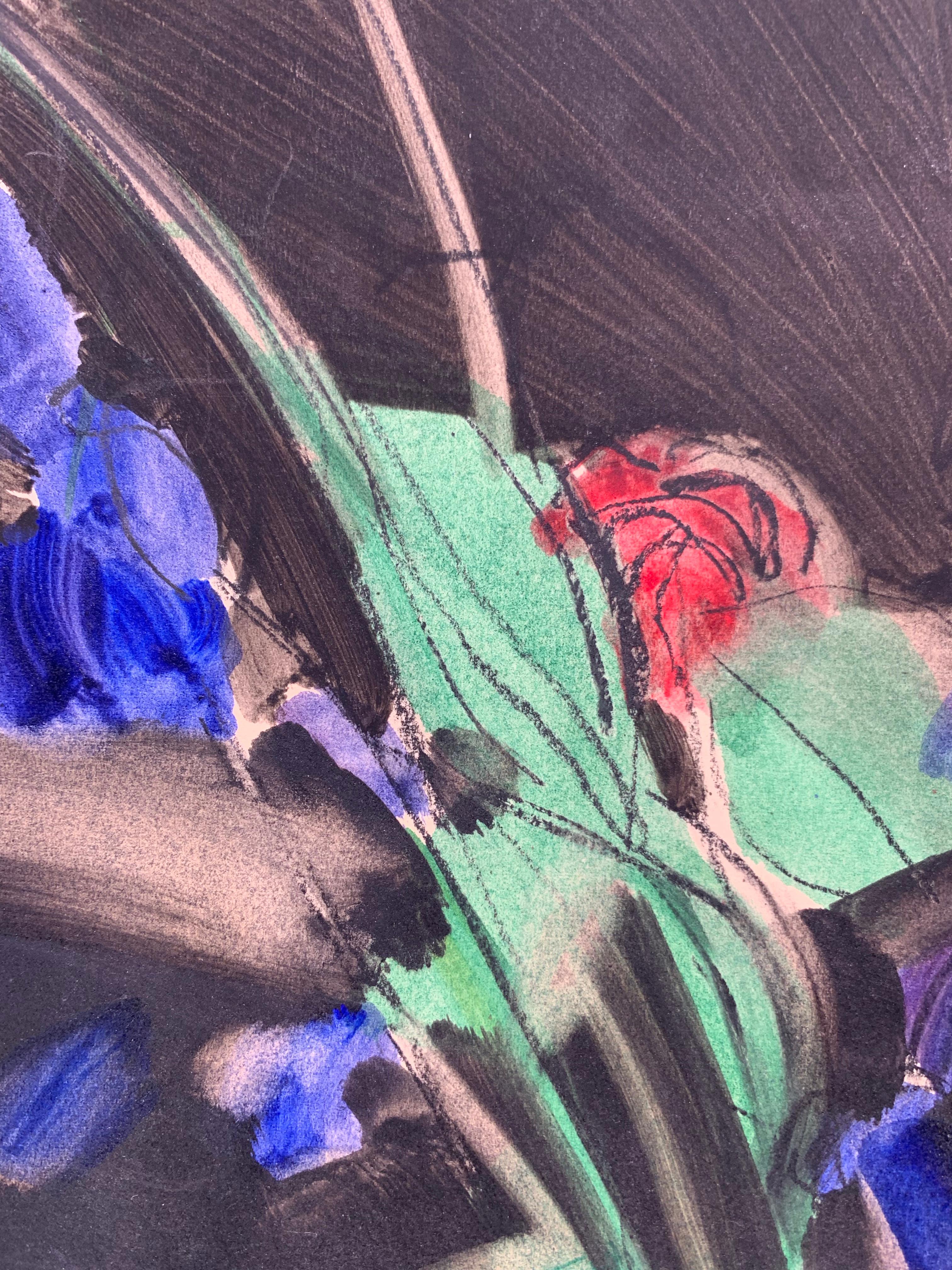 Irises (peinture abstraite de nature morte florale florale) - Noir Still-Life Painting par Elizabeth Osborne