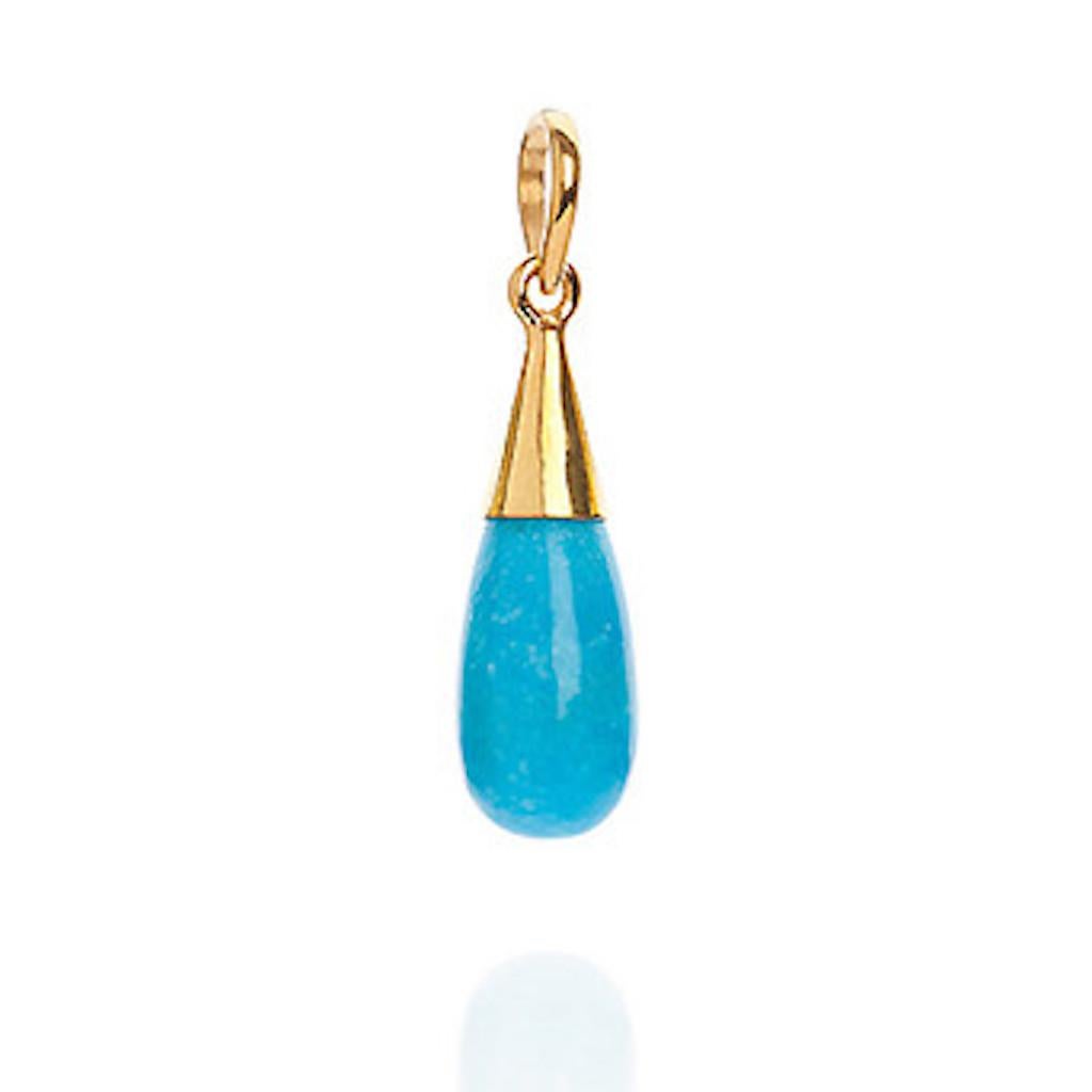 Turquoise 18-karat gold throat chakra tear droplet pendant necklace, an easy-to-wear everyday simple pendant from Elizabeth Raine's Chakra Gemstone Collection, modelled by Dua Lipa. 

  Gemstone : polished turquoise set in a 18-karat gold setting
 