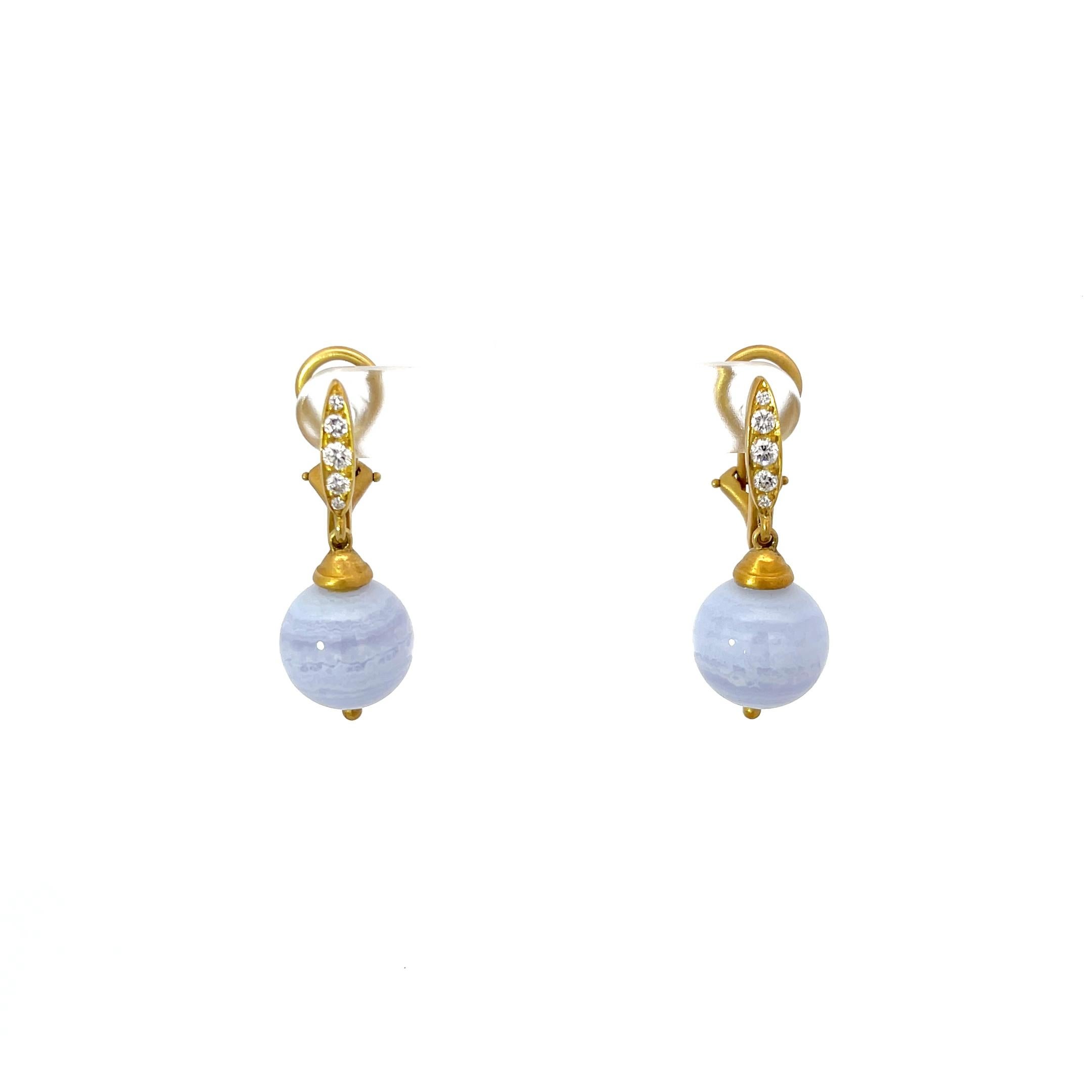 Elizabeth Rand Chalcedony and Diamond Earrings in 18K Yellow Gold Satin Finish. The earrings feature 0.40ctw of brilliant round diamonds and two chalcedony drops measuring approximately 12mm each. The earrings are 1.25