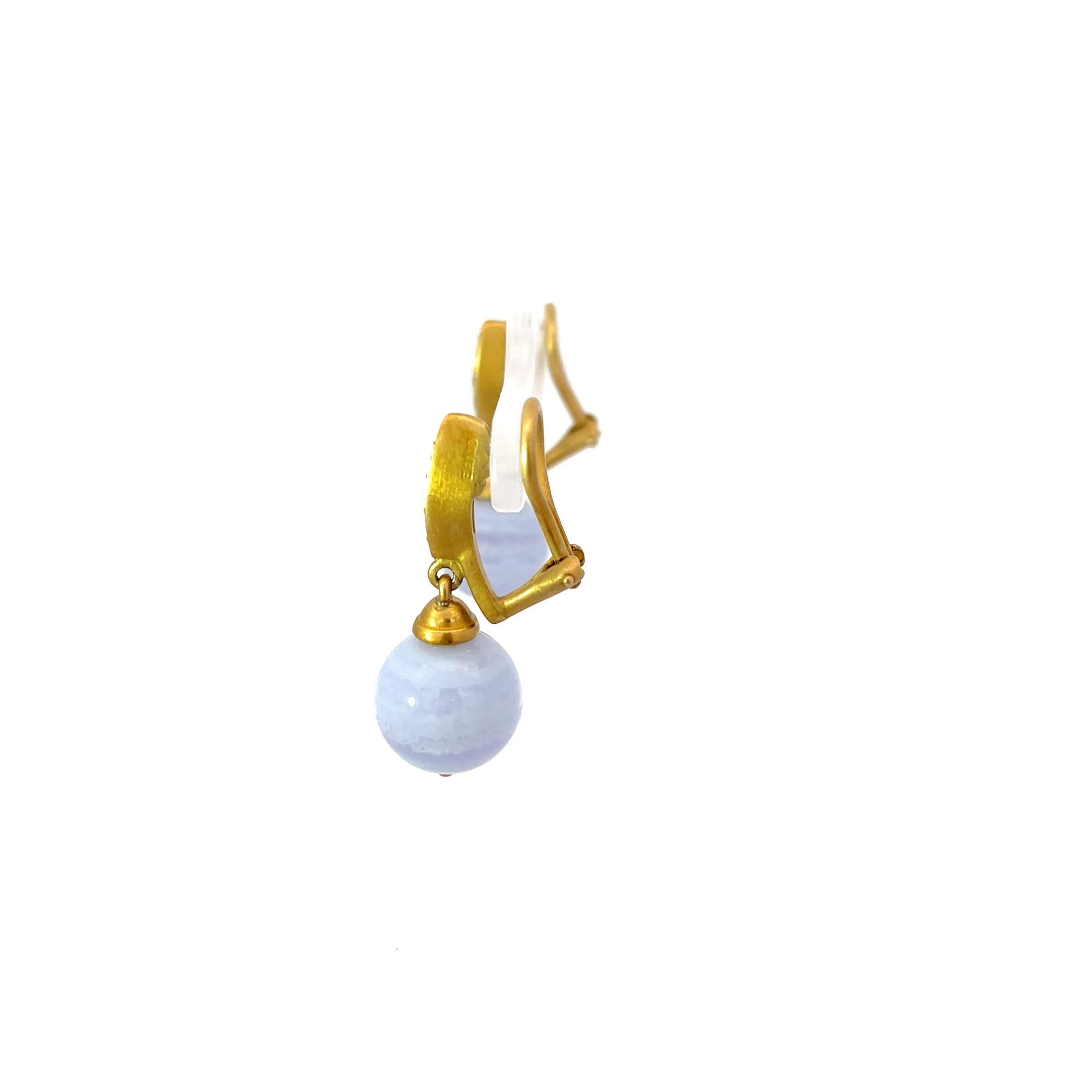 Round Cut Elizabeth Rand Chalcedony & Diamond Drop Earrings 18K Yellow Gold For Sale