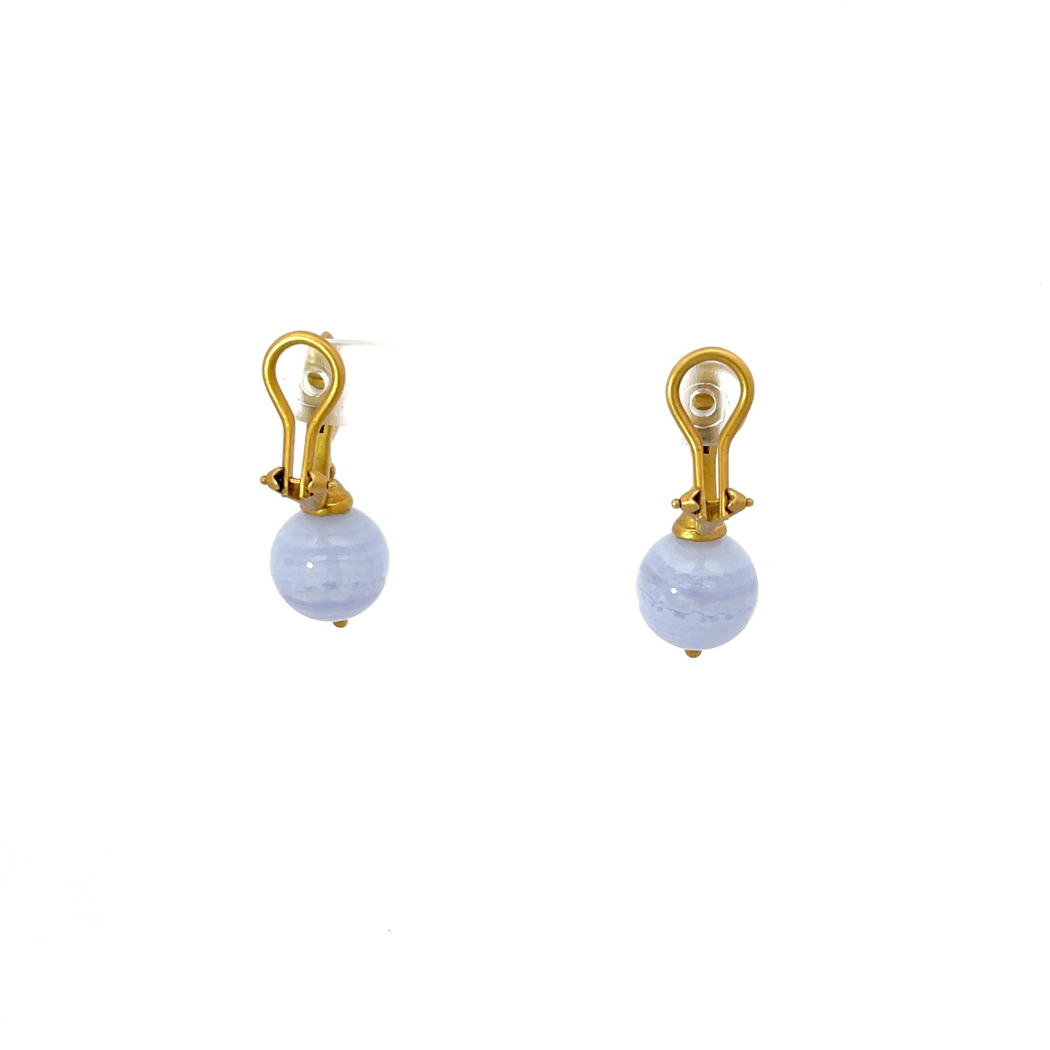 Elizabeth Rand Chalcedony & Diamond Drop Earrings 18K Yellow Gold In Excellent Condition For Sale In Dallas, TX