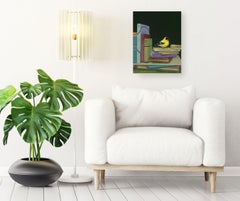 Pausa n. 2: Uccellino giallo tra i libri - Olio su tela, 37x28 cm