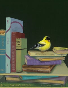 Pausa n. 2: Uccellino giallo tra i libri - Olio su tela, 37x28 cm
