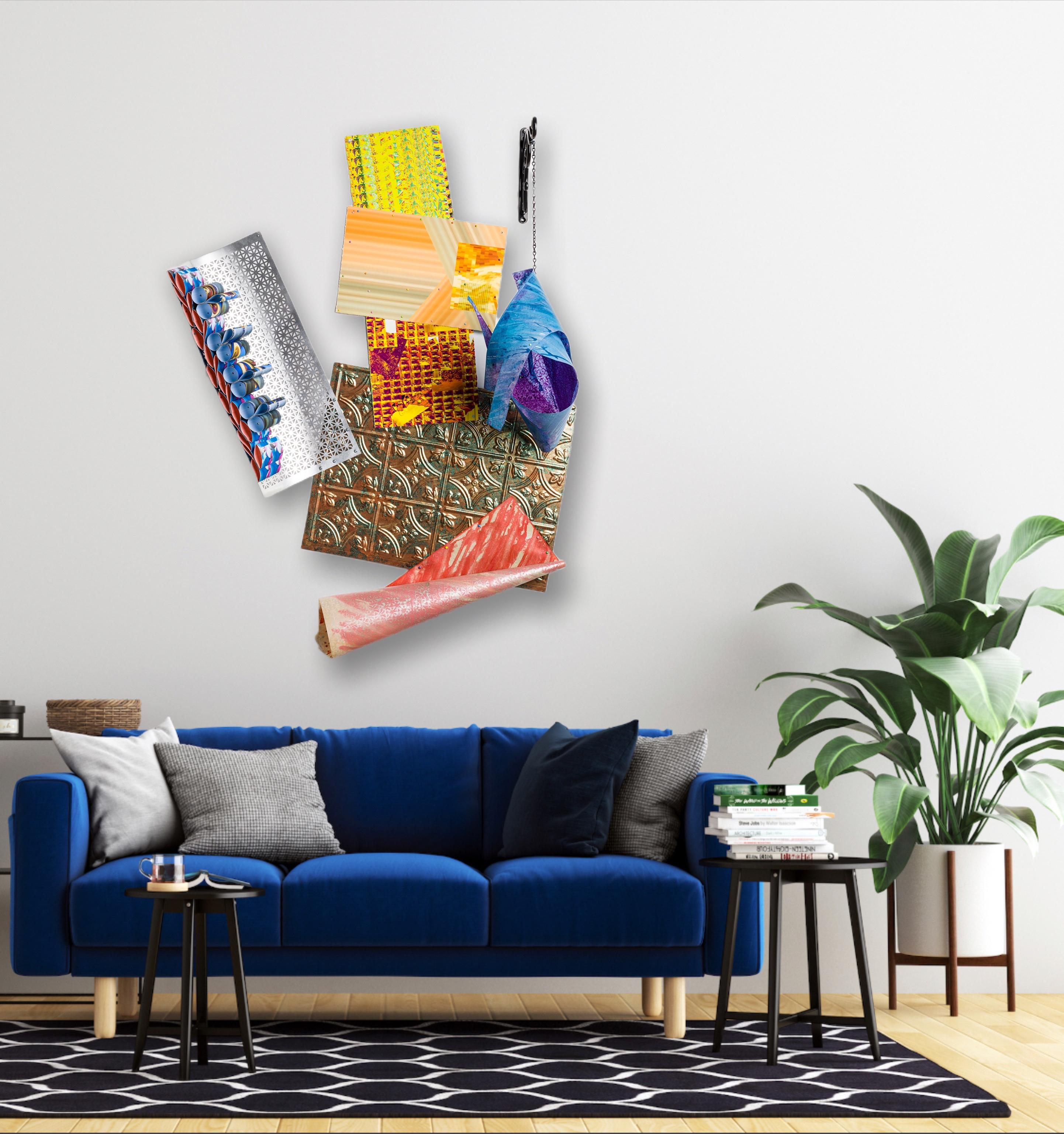 In this three-dimensional colorful artwork, the organic and geometric come together. Full of layers of texture and joyful materiality, the work shifts in it's perception from every angle due to it's sculptural form. The artist created these to hang