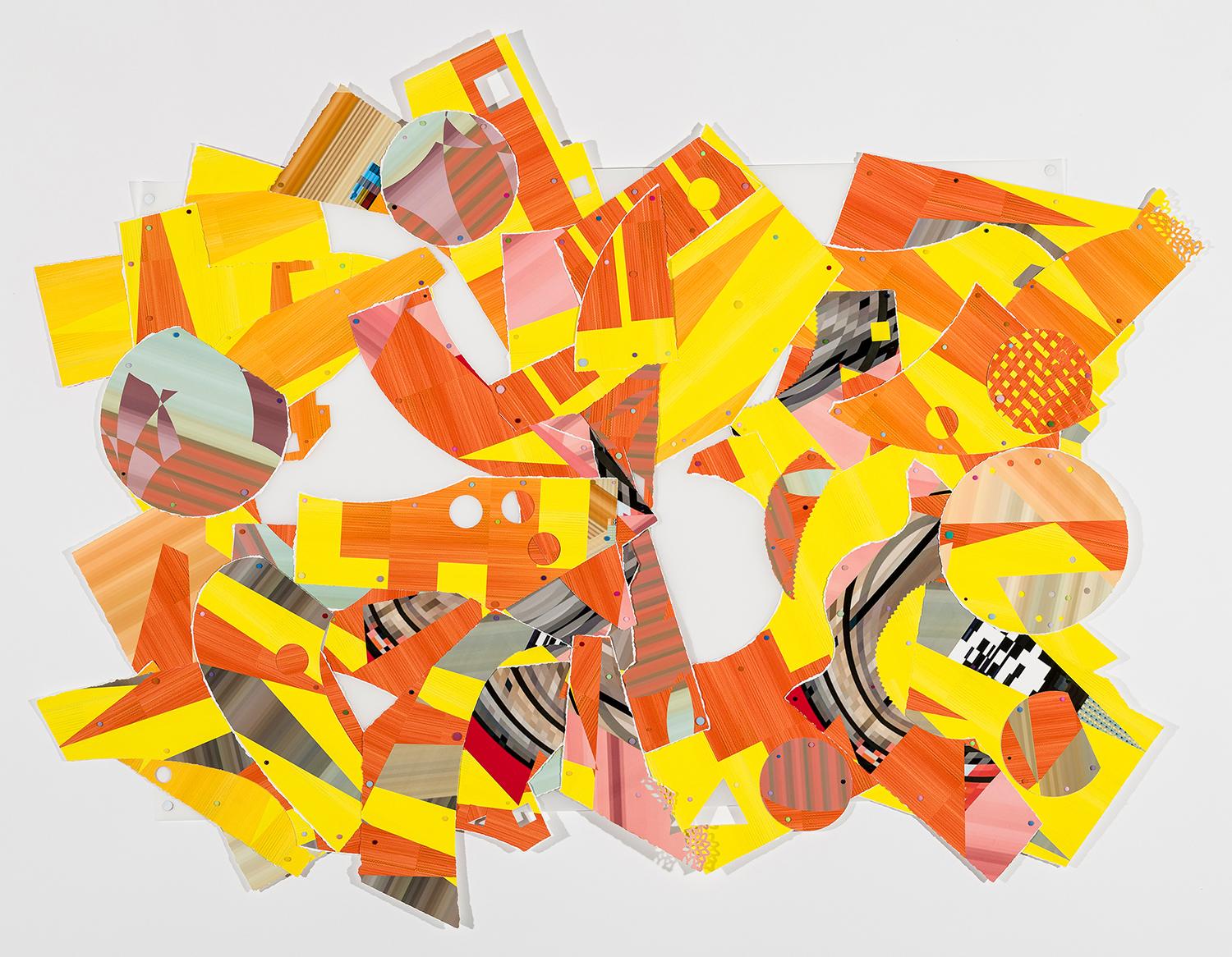 Untitled Orange-Yellow #33, contemporary geometric abstract dimensional collage - Mixed Media Art by Elizabeth Riley