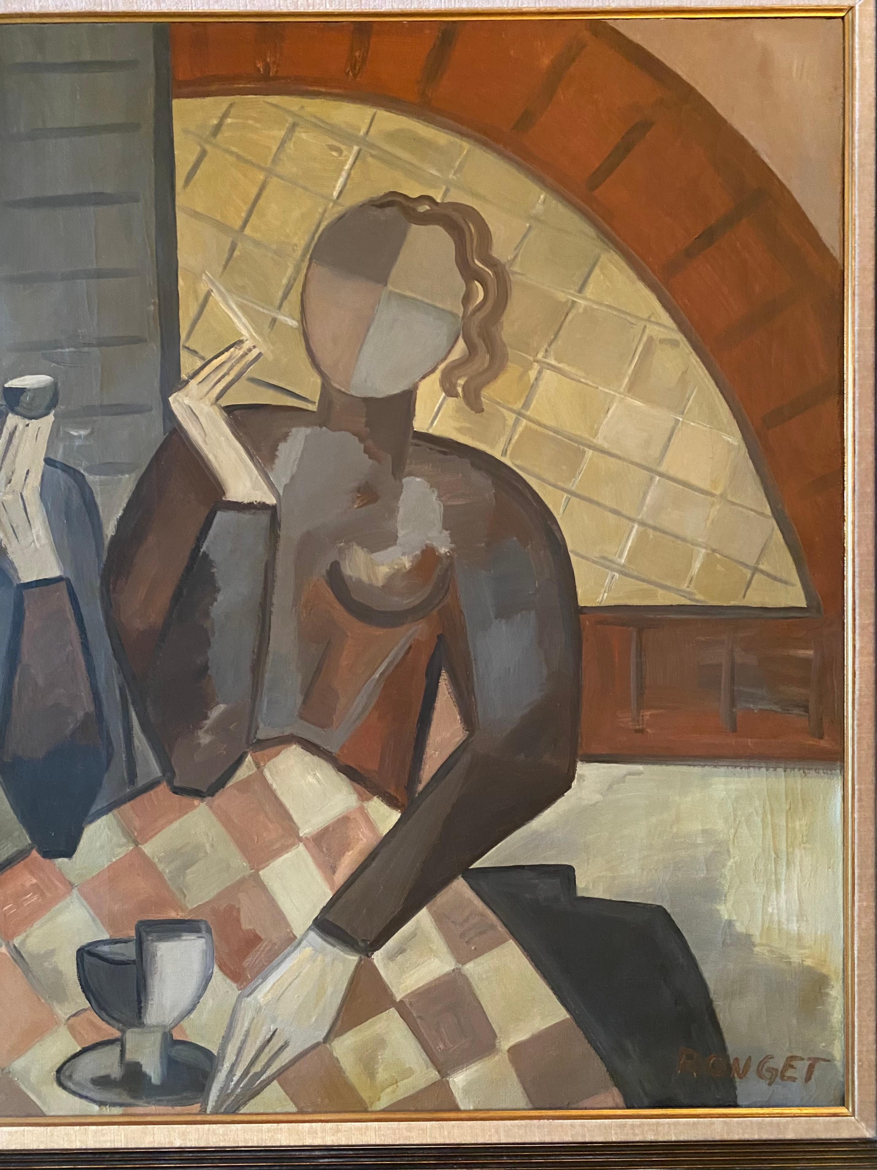 Au Cafe - Figurative Painting Nero di Elizabeth Ronget