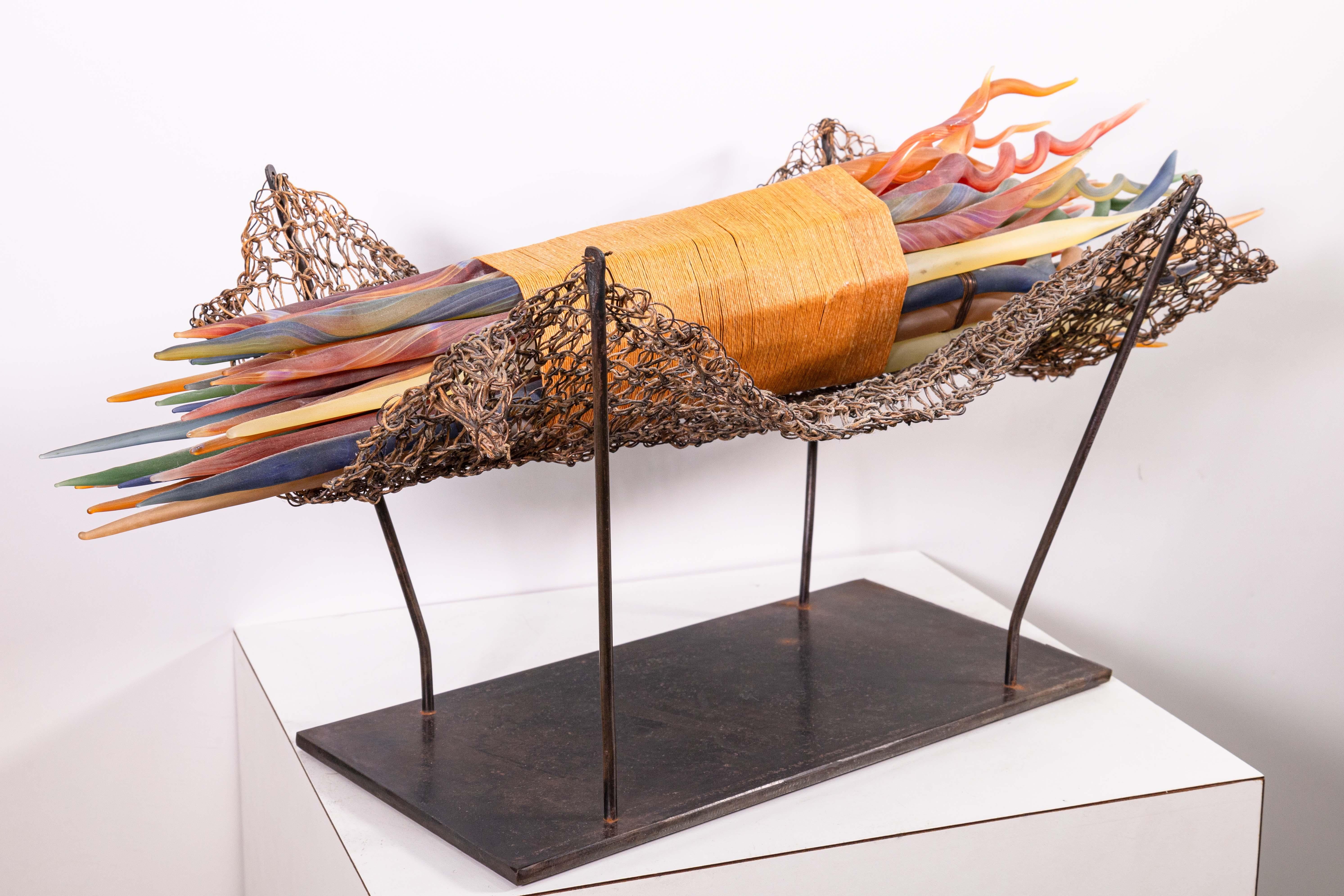 American Elizabeth Ryland Mears Contemporary Glass Sculpture Twig Shaped Rods on Stand For Sale