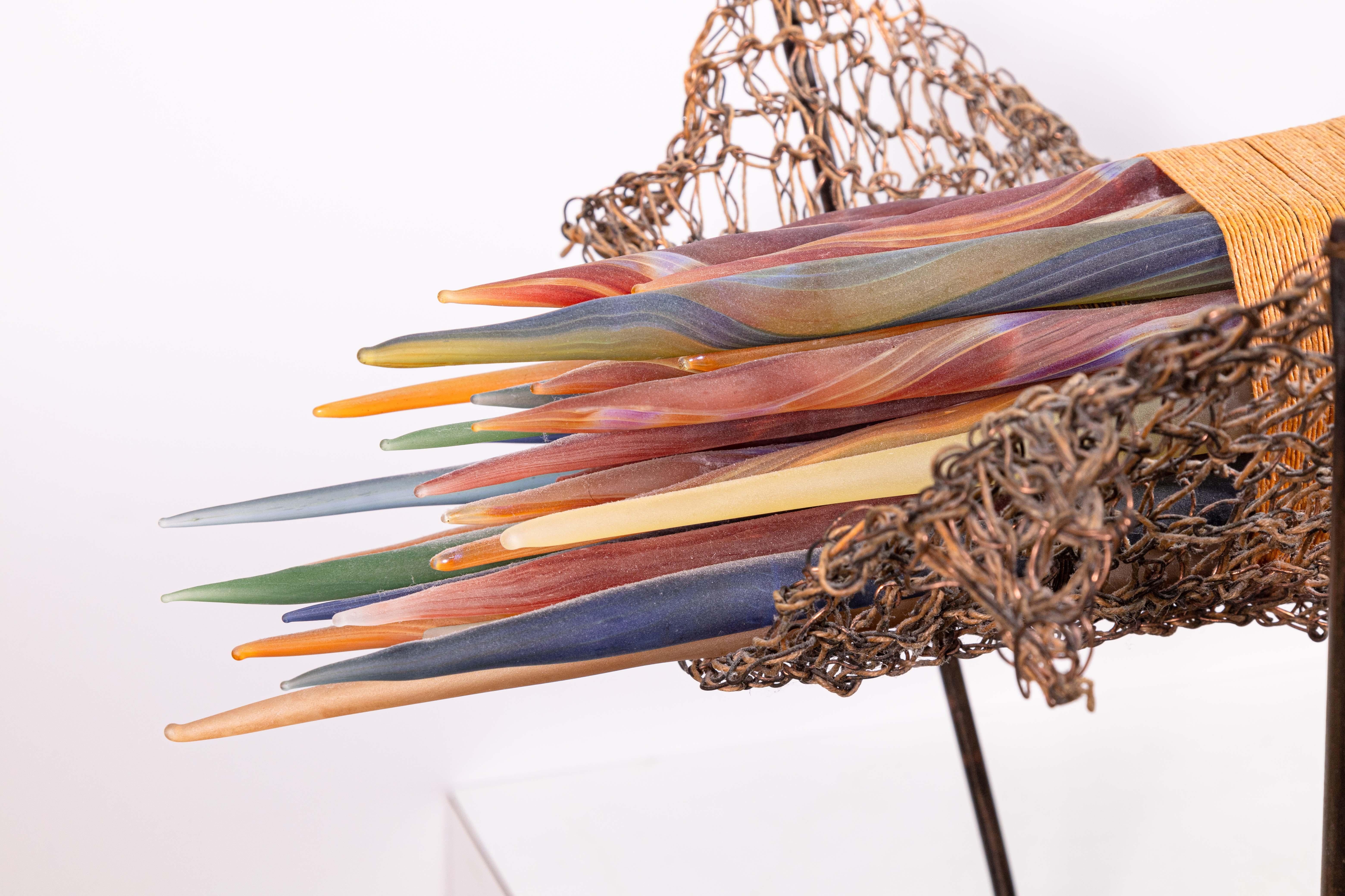 Metal Elizabeth Ryland Mears Contemporary Glass Sculpture Twig Shaped Rods on Stand For Sale