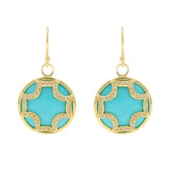 Elizabeth Showers Maltese Turquoise Dia Dangle Earrings - Yellow Gold 18k .60ctw