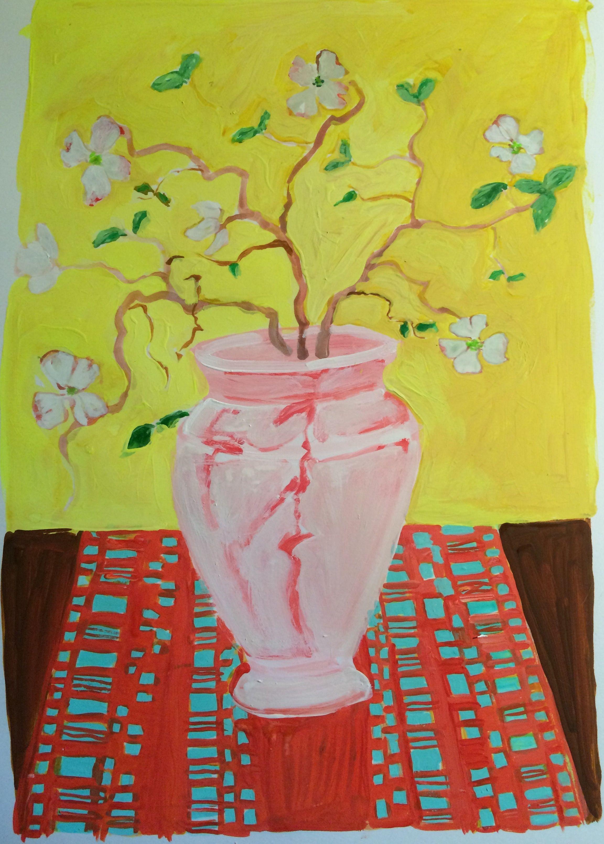 Dogwood in einer Vase, Gemälde, Gouache auf Papier