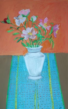 Peonies on Handwoven Runner, Painting, Gouache on Paper