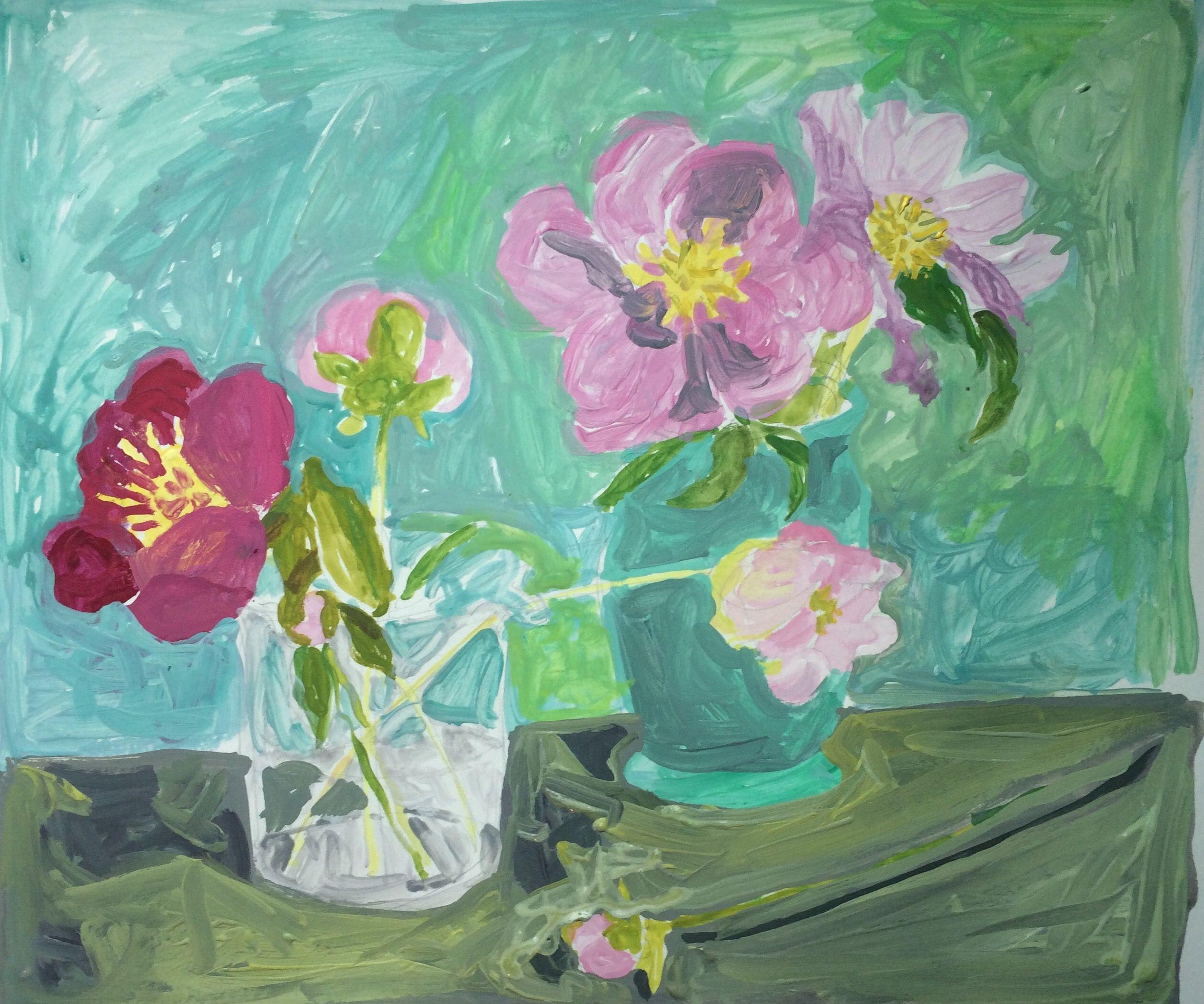 Peonie, Pittura, Guazzo su carta - Painting di Elizabeth Snelling
