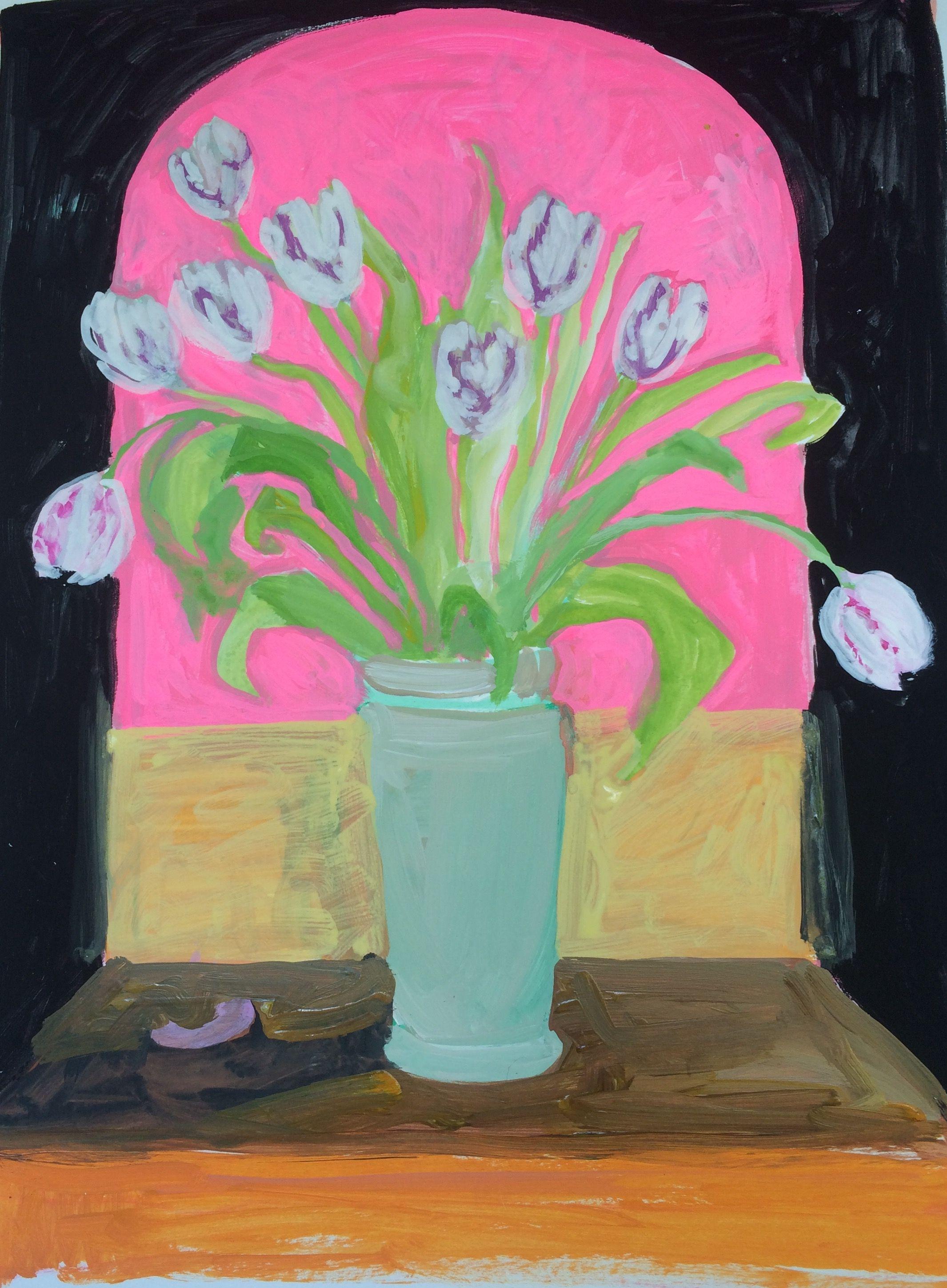 Tulpen in einer Niche, Gemälde, Gouache auf Papier – Painting von Elizabeth Snelling