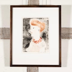 Audrey, monocopia roja, blanca y negra, retrato de mujer de perfil, s. XX