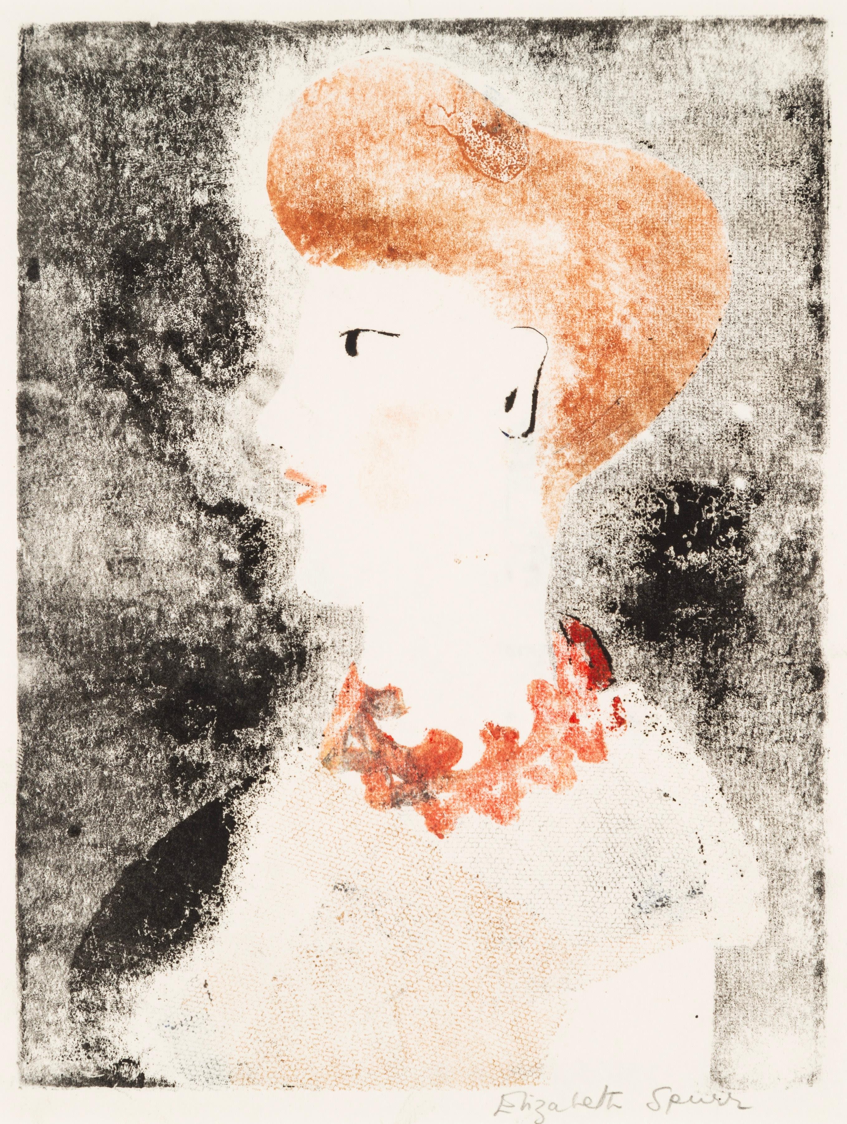 Audrey, monocopia roja, blanca y negra, retrato de mujer de perfil, s. XX - Print de Elizabeth Spurr