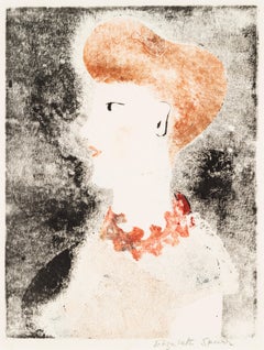 Audrey, monocopia roja, blanca y negra, retrato de mujer de perfil, s. XX
