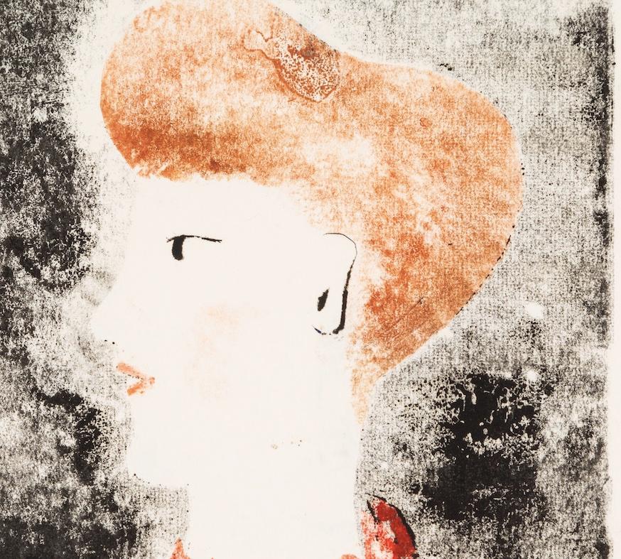 Audrey, monocopia roja, blanca y negra, retrato de mujer de perfil, s. XX en venta 1