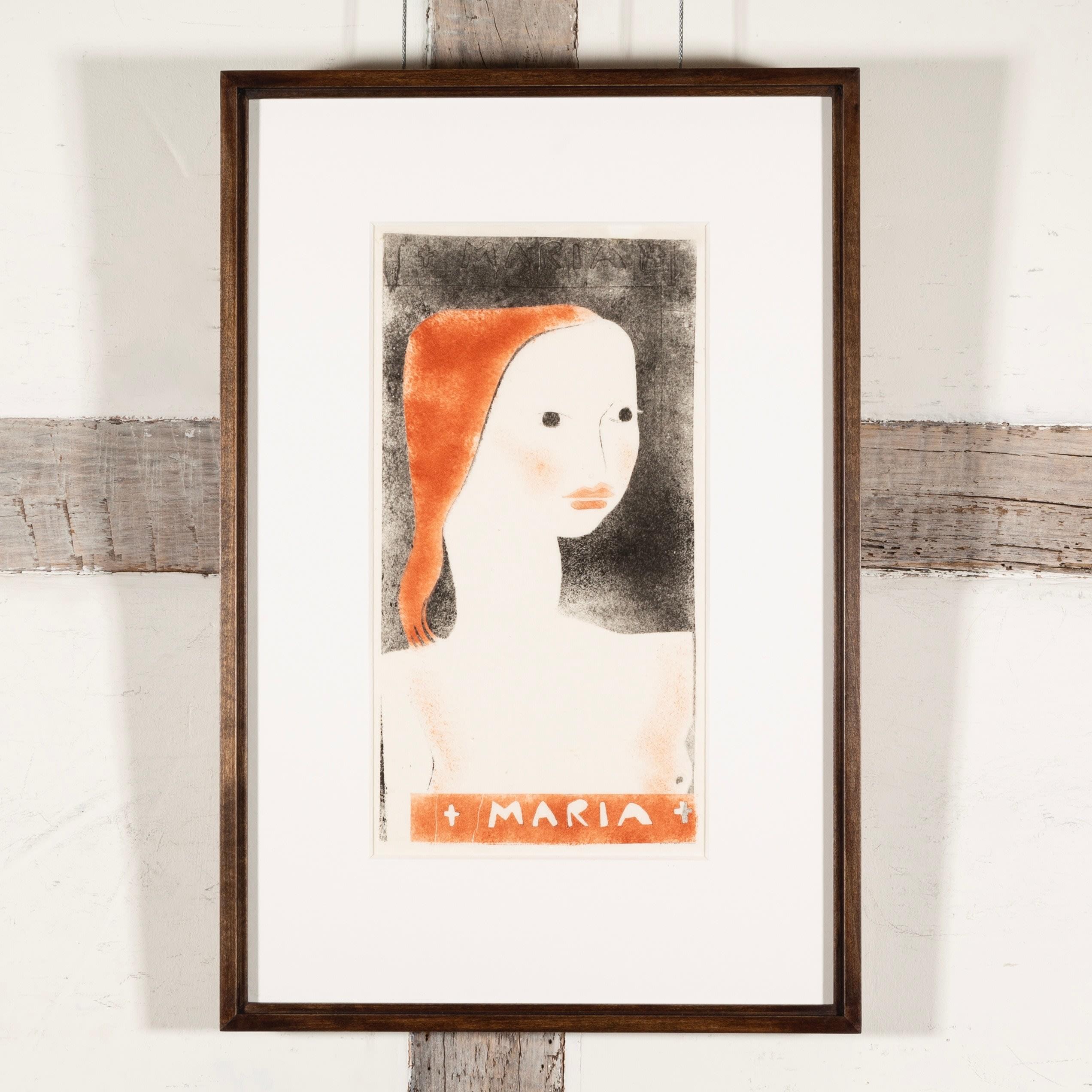 María, Retrato de mujer en rojo y negro, Monocopia sobre nácar japonés, S. XX - Print de Elizabeth Spurr