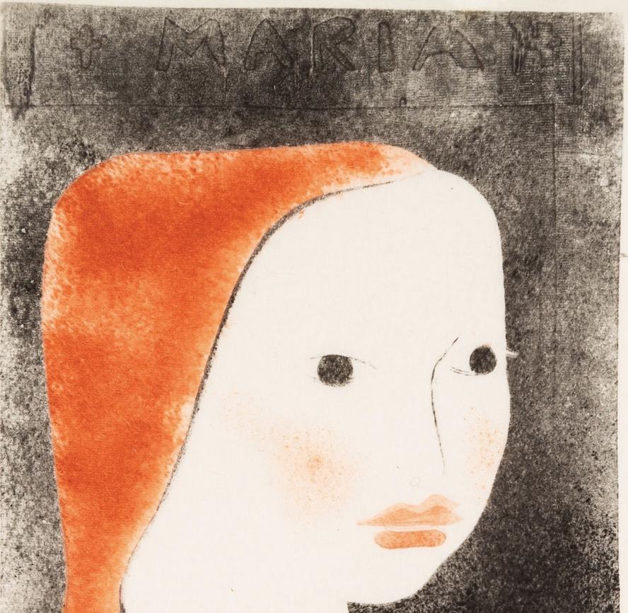 María, Retrato de mujer en rojo y negro, Monocopia sobre nácar japonés, S. XX - Portrait Print Beige de Elizabeth Spurr