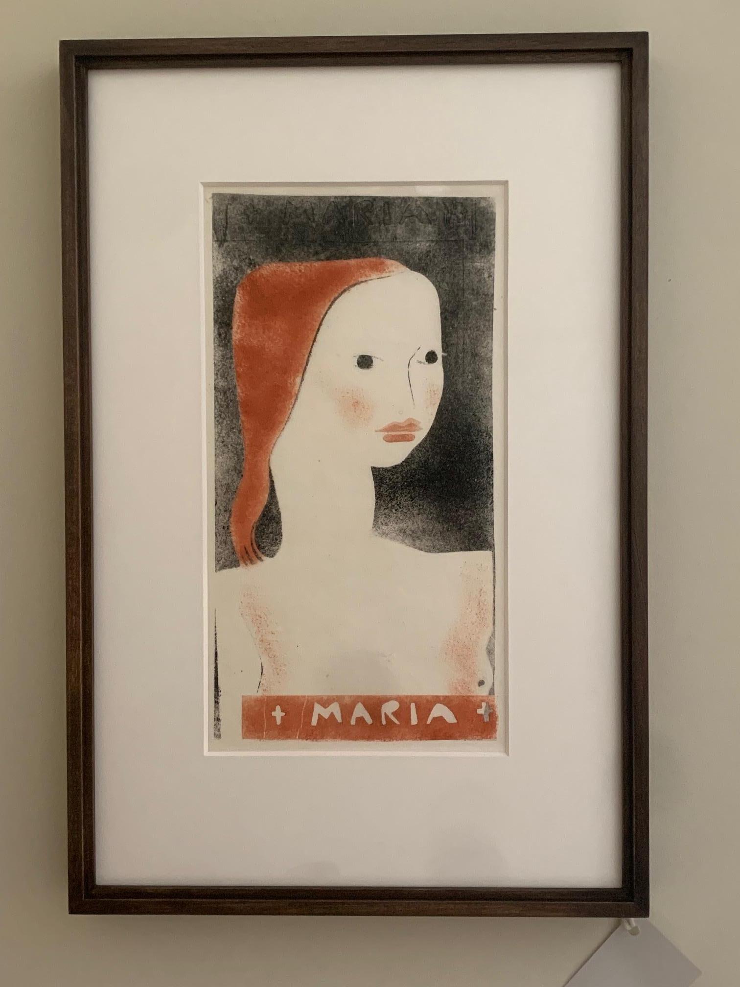 María, Retrato de mujer en rojo y negro, Monocopia sobre nácar japonés, S. XX en venta 3