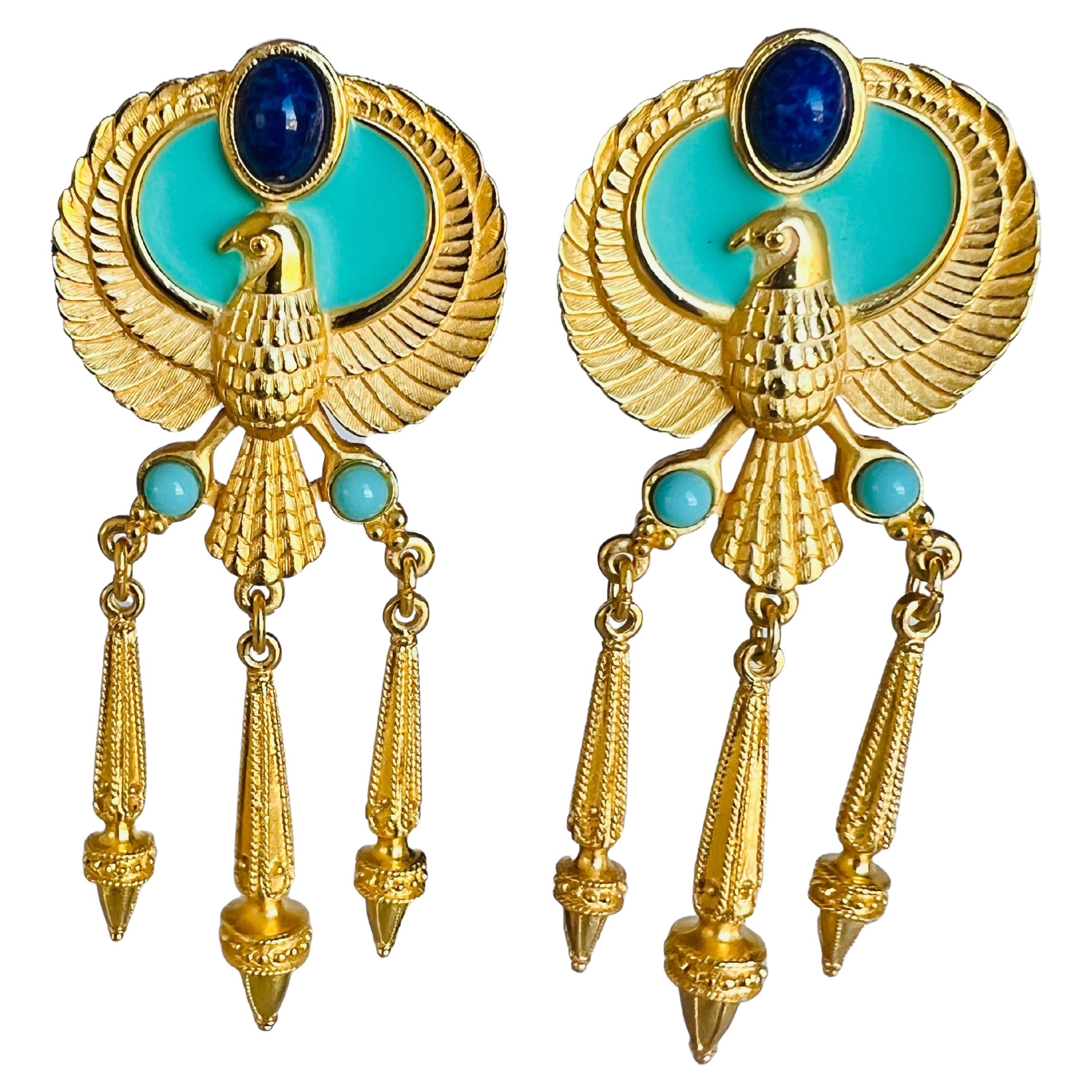 Elizabeth Taylor Egyptian Bird Imitation Lapis Turquoise Long Cabochon Earrings