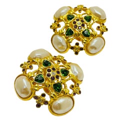 ELIZABETH TAYLOR gold pearl amethyst emerald glass designer clip on earrings