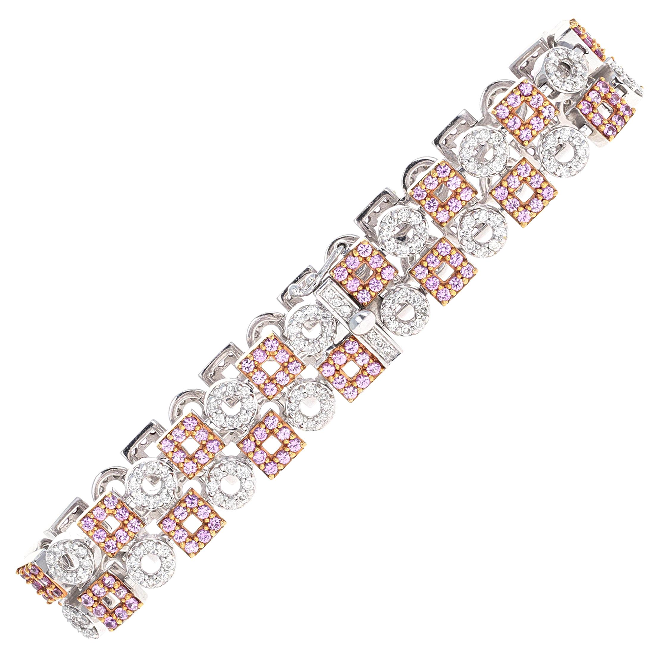 Handmade diamond and pink sapphire modern tennis bracelet by Elizabeth Taylor Collection, House of Taylor. Made in 18k white gold and signed 